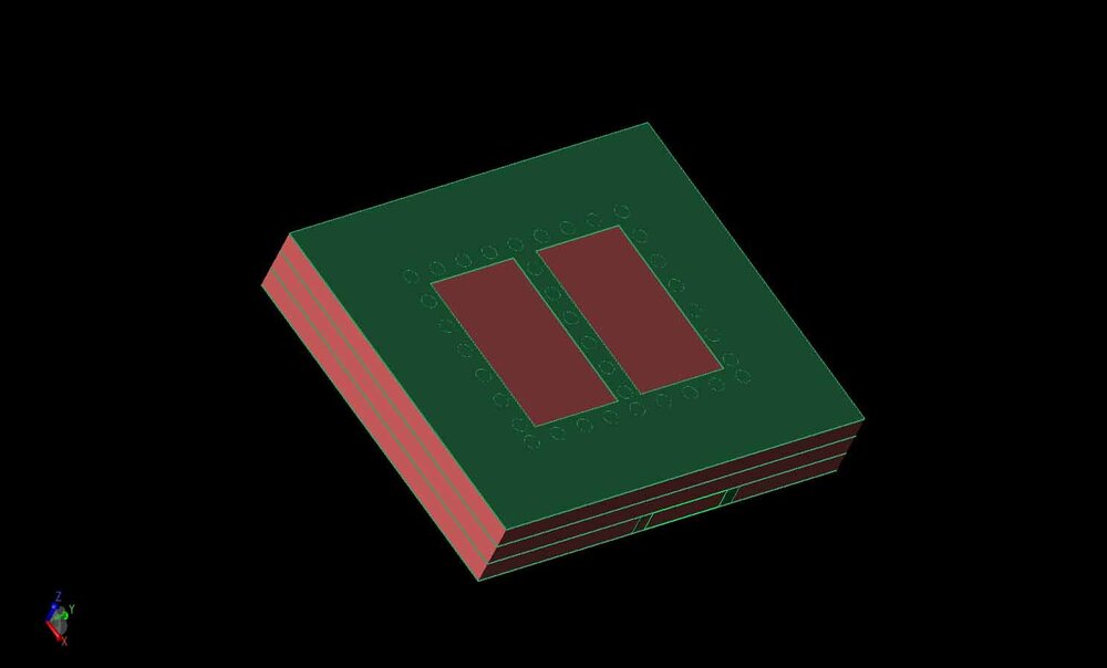 Figure 1: A three-dimensional CAD rendering of the SIC excited 2x2 antenna element is shown with metal layers in green and LTCC layers in red.