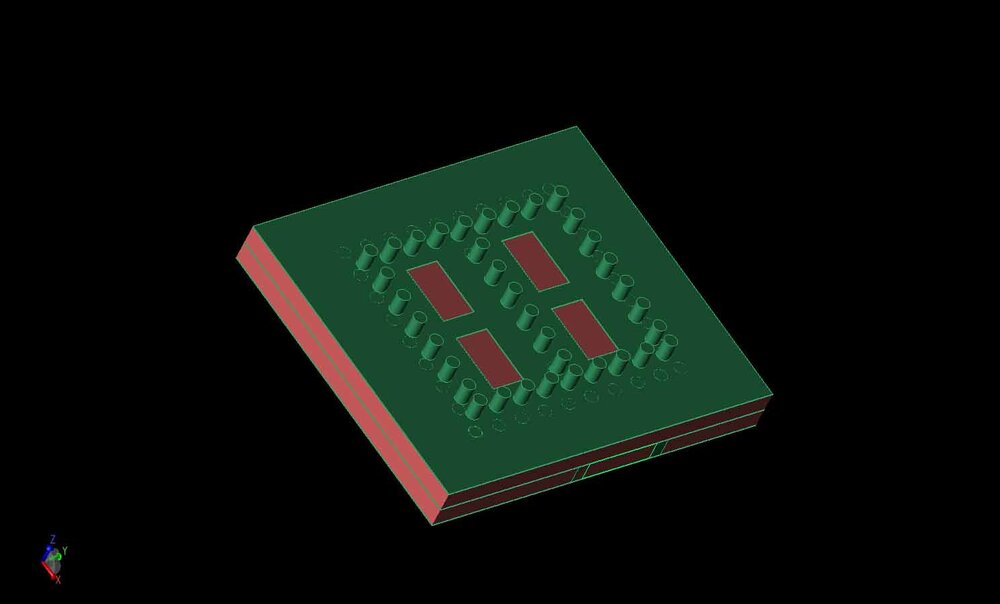 Figure 2: The top layer cavity of the antenna element is shown with the four radiating elements in metal layer #2 feeding into the TE210 mode substrate integrated cavities.