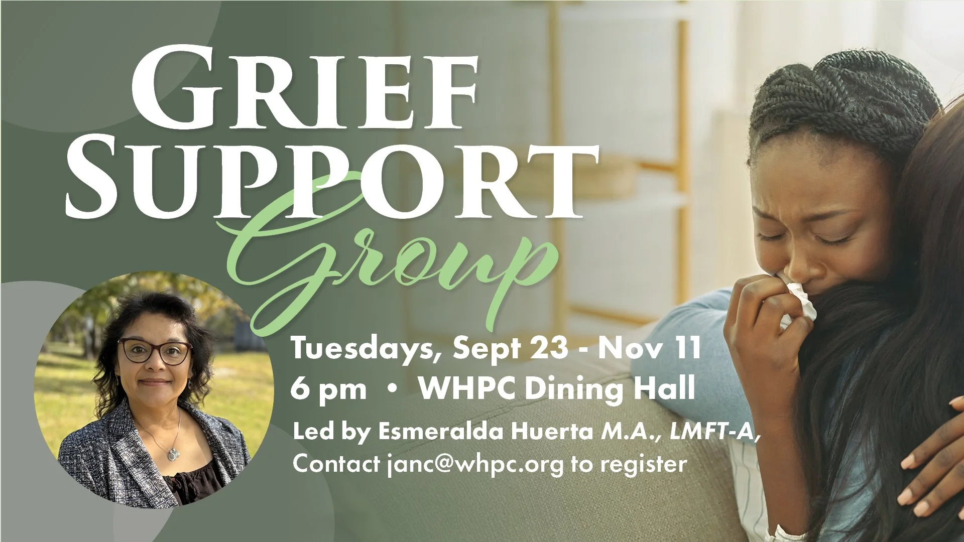 🌿 Grief Support Group Begins Next Week 🌿

Learn and heal with professional grief counselor Esmeralda Huerta, M.A., LMFT-A, Bereavement Coordinator at Hospice Austin. During this 8-week class, we will build community and work to find hope in the mid