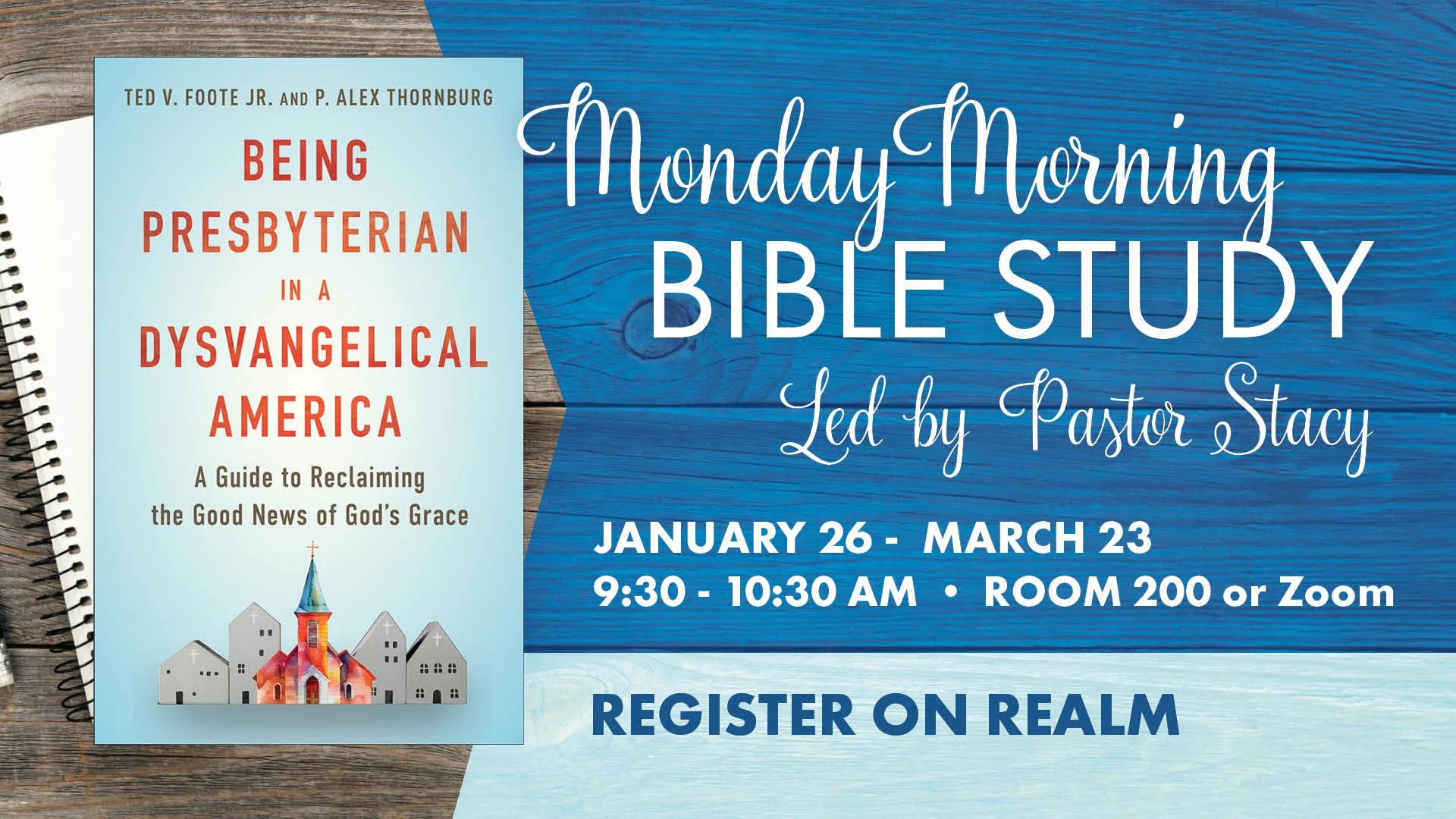 Monday Morning Adult Bible Study | January 26 &ndash; March 23 | 9:30 am | Room 200 &amp; Zoom

Join Pastor Stacy in person or on Zoom for an eight-week study exploring the core principles of Presbyterian theology and how they speak faithfully amid t