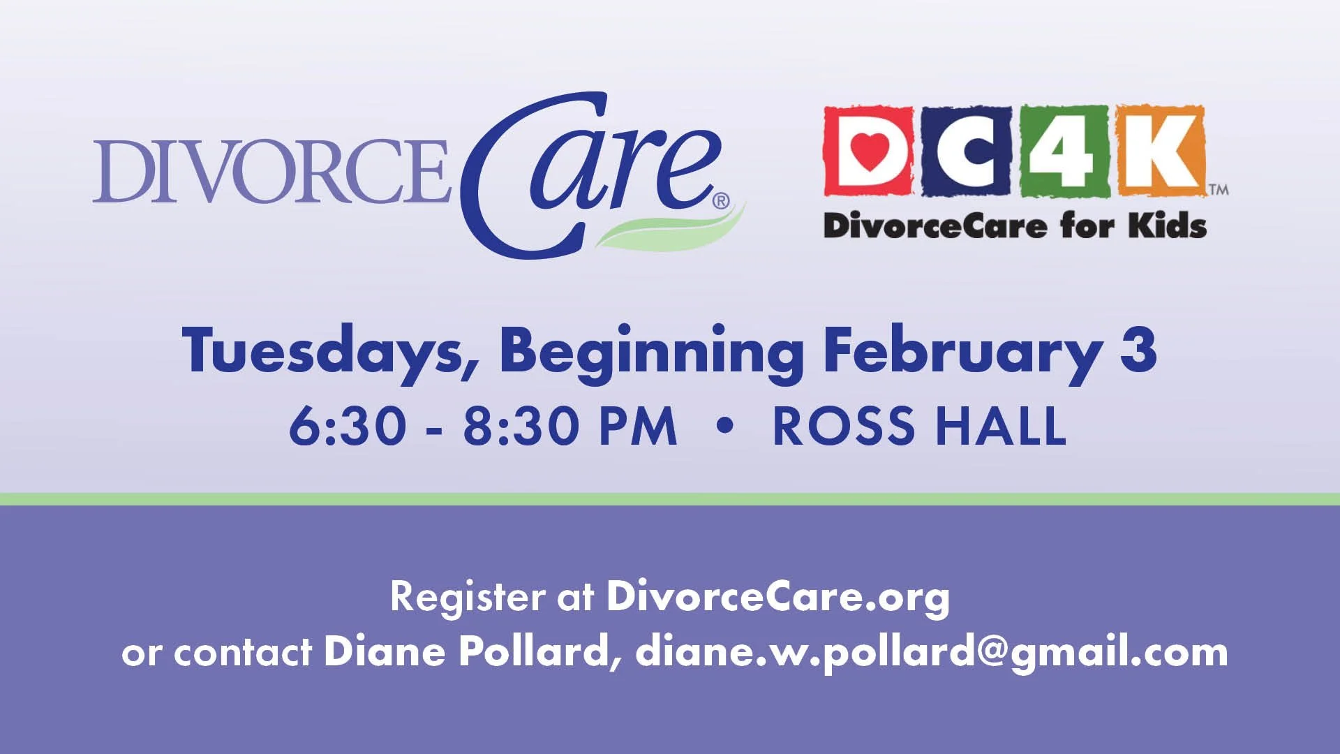DivorceCare begins next Tuesday, 6:30 - 8:30 pm at Ross Hall. This is a safe and supportive 13-week video-based program where caring people walk alongside you as you navigate the pain of separation or divorce.

DC4K (DivorceCare for Kids) is a compan
