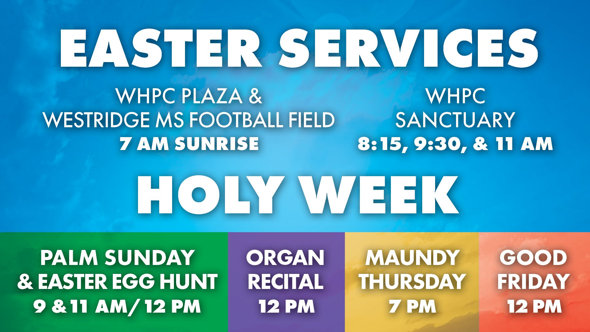 Join us at WHPC for Holy Week and Easter. 🙏 From Palm Sunday through Good Friday to our Easter Sunday celebration, we&rsquo;d love to see you there. Full details on whpc.org
