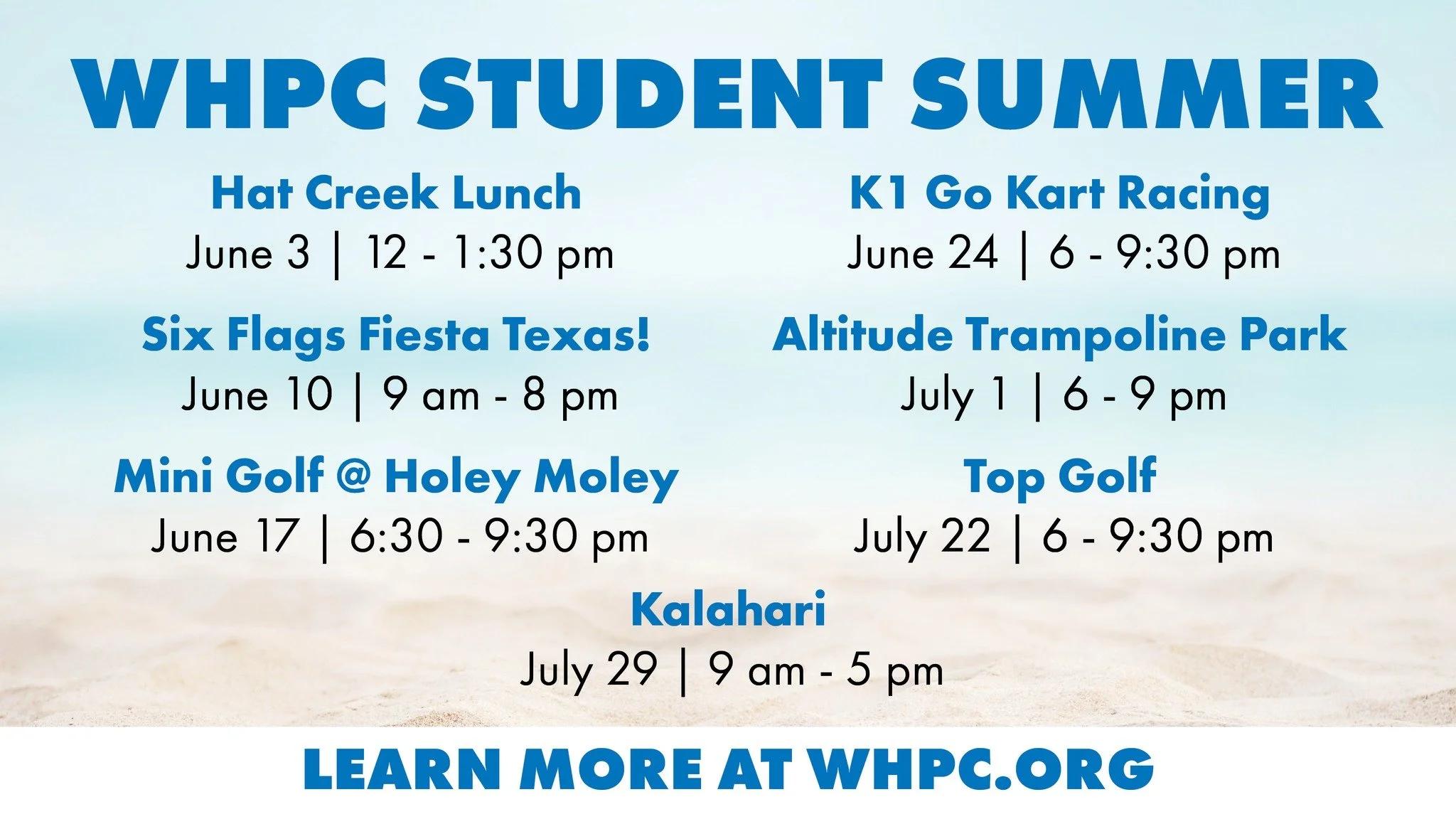 ☀️ WHPC Student Summer is here! ☀️

Middle schoolers and high schoolers, get ready for an unforgettable summer packed with food, fun, thrills, and time together! Mark your calendars and invite friends for an incredible summer!

🛼 Roller Skate &amp; 