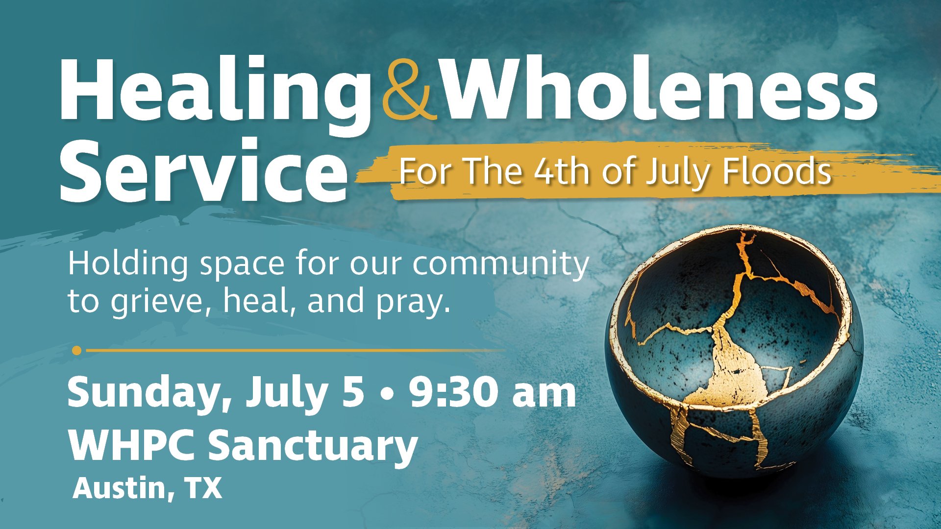 We invite you to join us at WHPC for a service of remembrance for all those affected by last year's Fourth of July floods. This Memorial Service is being offered as a safe and sacred space for prayer, reflection, remembrance, and quiet hope.

Togethe