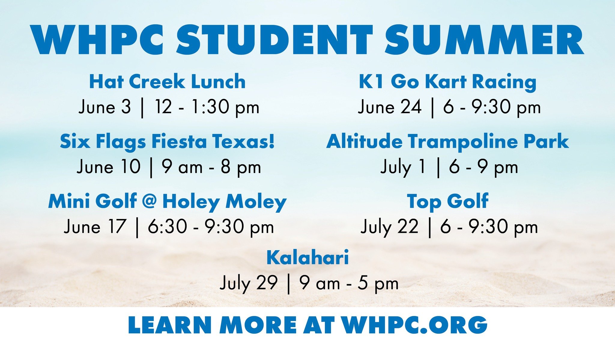 ☀️ WHPC Student Summer is here! ☀️

Middle schoolers and high schoolers, get ready for an unforgettable summer packed with food, fun, thrills, and time together! Mark your calendars and invite friends for an incredible summer!

🛼 Roller Skate &amp; 