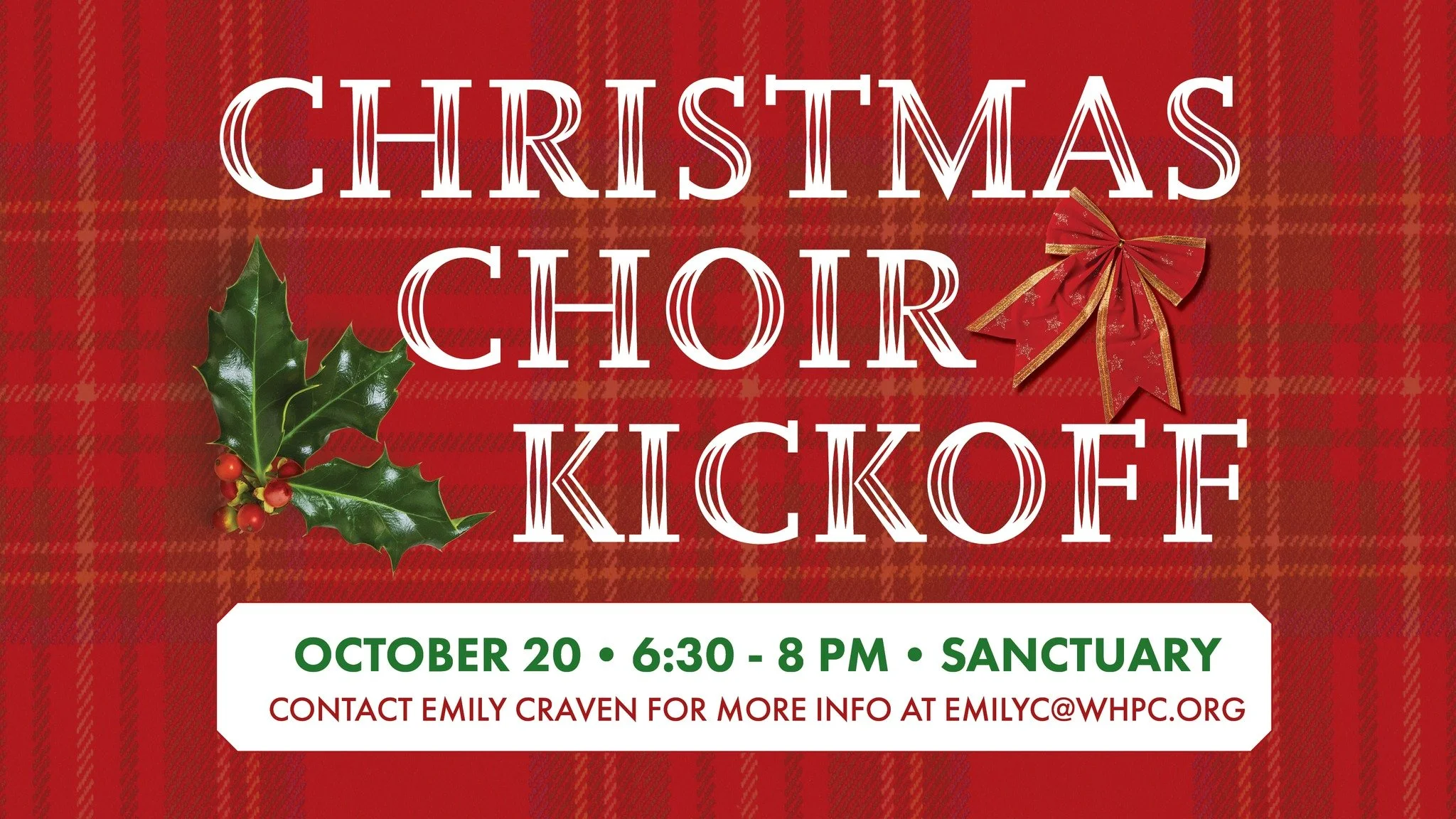 Fill your heart with joy and song this Christmas season! 🎶 Join the WHPC Christmas Choir for a short-term commitment and share the gift of music during Advent and Christmas Eve worship.

Christmas Choir Kickoff
📅 Monday, October 19 | 6:30&ndash;8 p