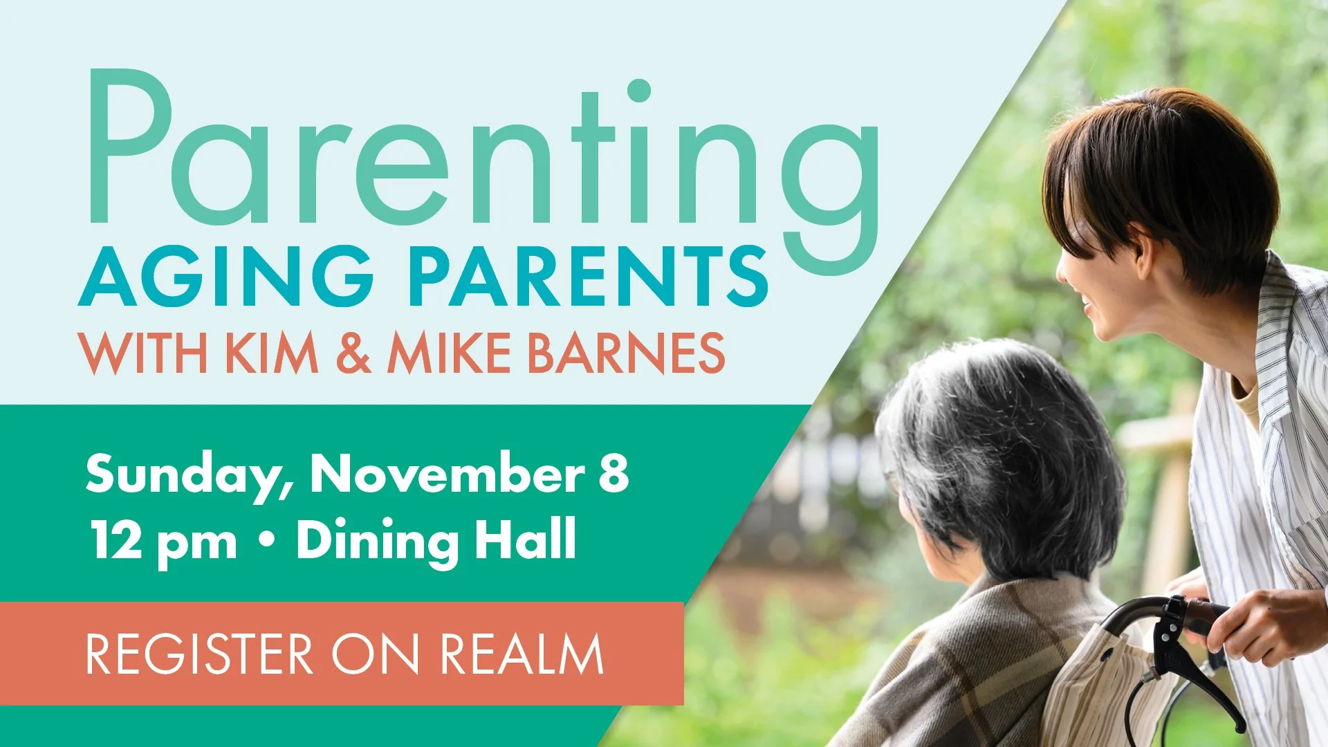 Parenting Aging Parents
Sunday, November 8� | 12 pm� | WHPC �Dining Hall

Hosted by award-winning former KVUE journalist Kim Barnes, with her husband Mike participating, this gathering will draw on their experience founding Parenting Aging Parents to