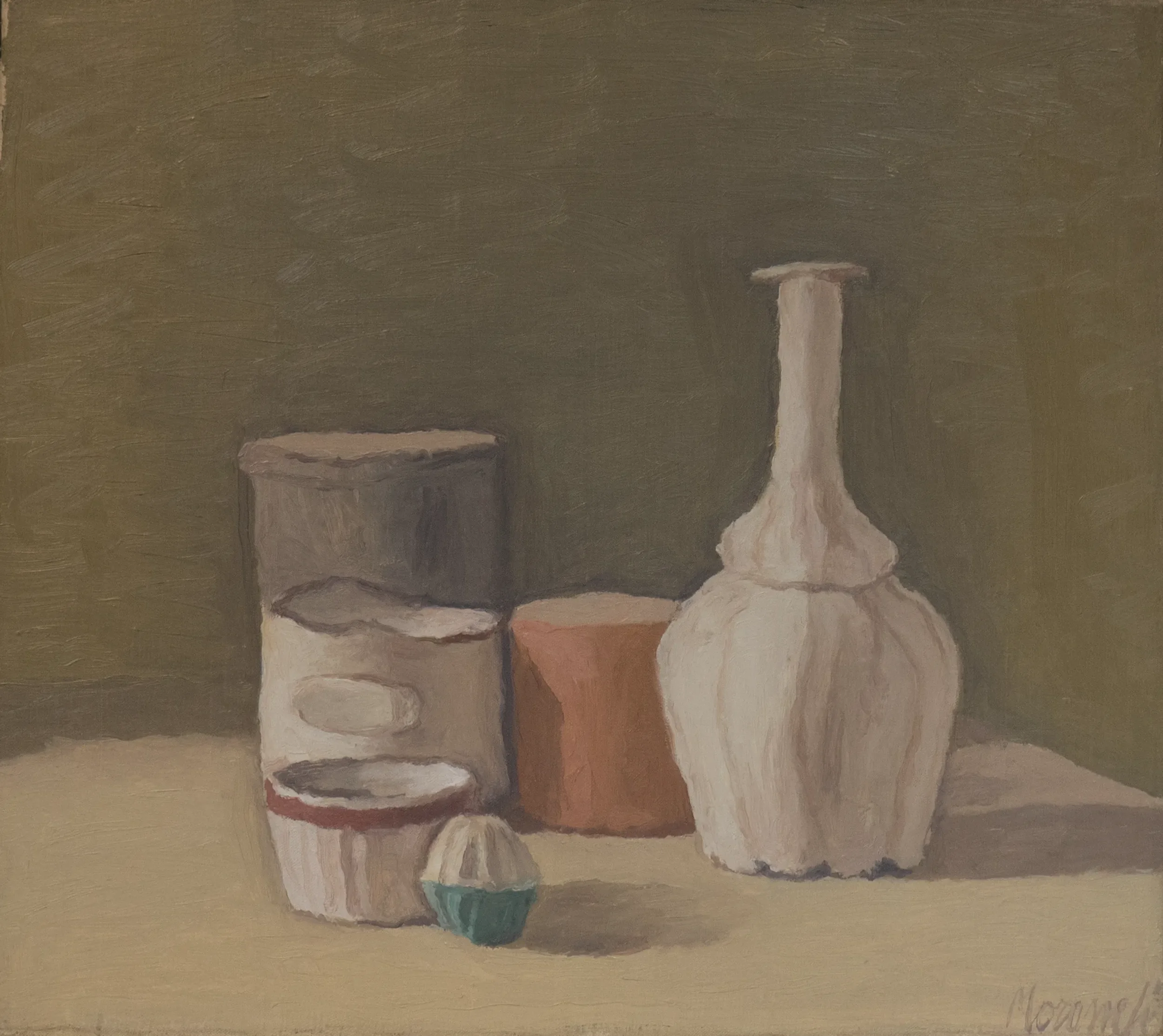 A still life painting featuring a tall, white vase, a small ceramic cup, a brown box, and a set of three stacked cans against a dark background.