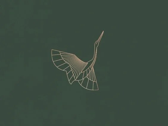 Minimalist line drawing of a heron flying on a dark green background