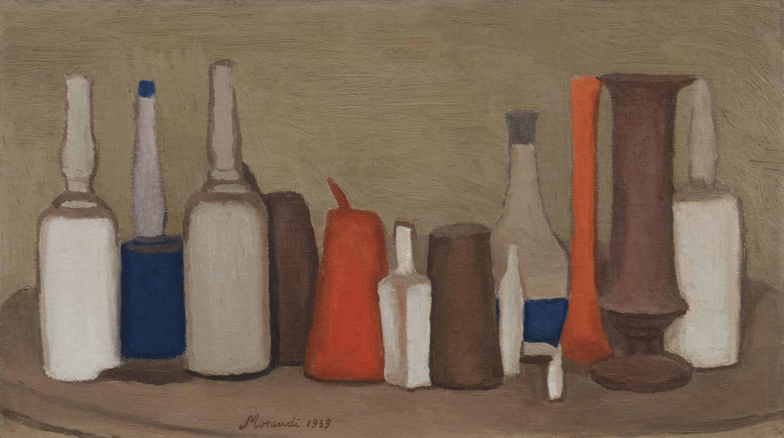 Painted still life of various bottles and containers on a wooden surface, signed 'M. Louandi 1939'.