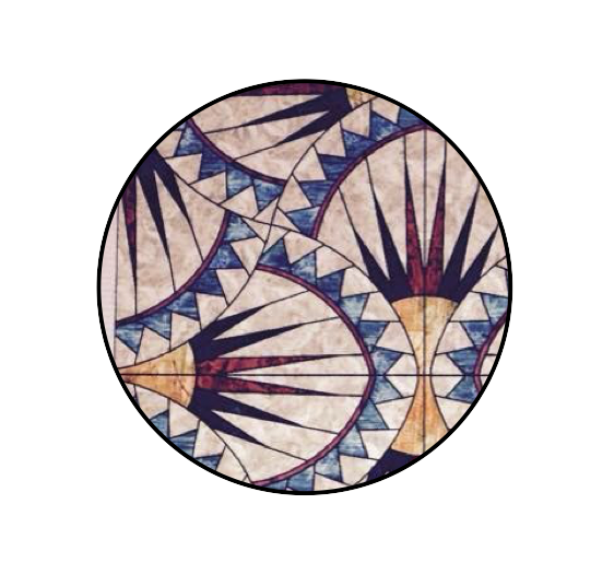 Close-up of a mosaic with geometric and floral patterns in shades of blue, purple, beige, and black within a circular frame.