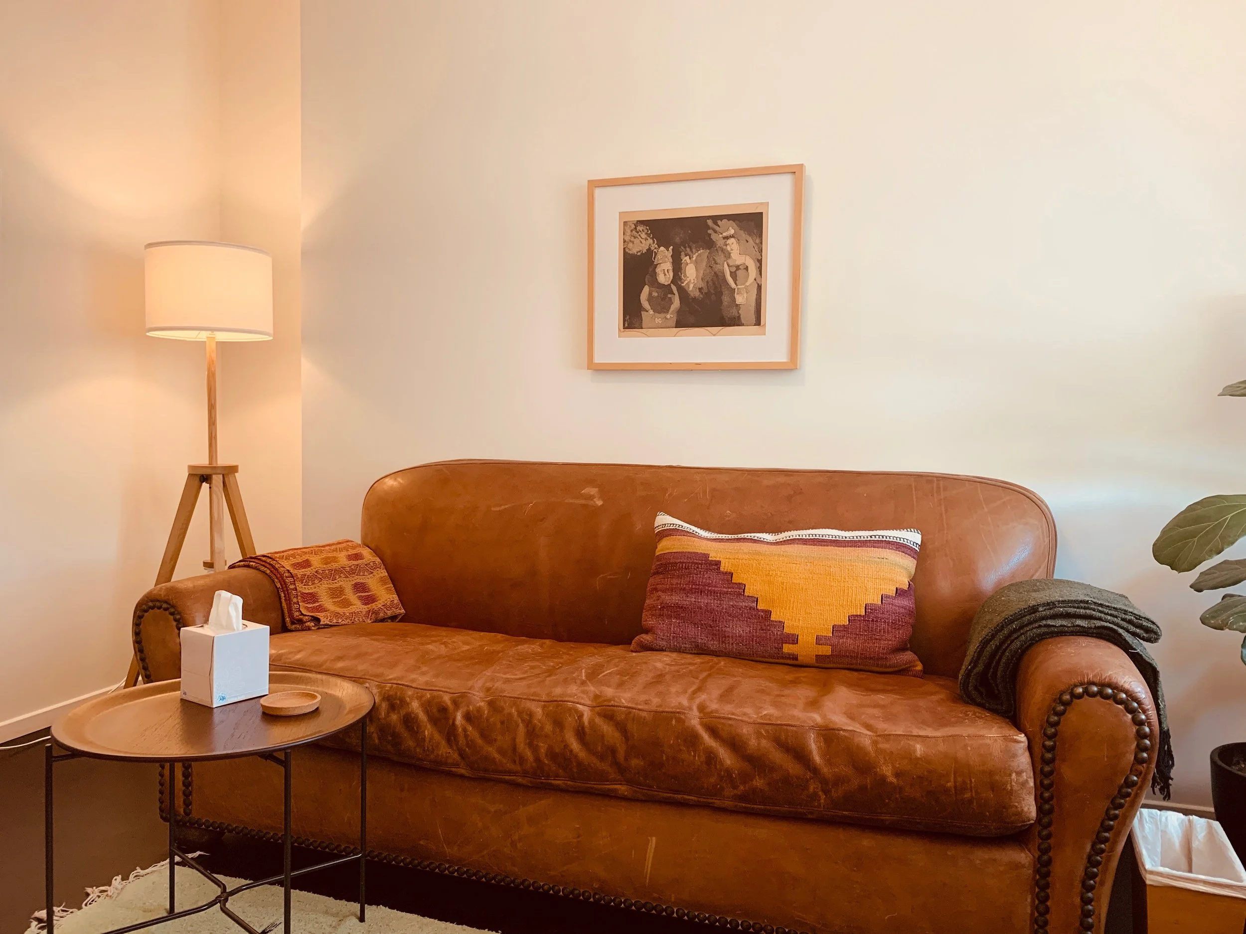Living room with a vintage brown leather sofa, a patterned cushion, a throw blanket, a side table with a tissue box and small dish, a tall floor lamp with a white shade, framed art on the wall, and a potted plant on the right.