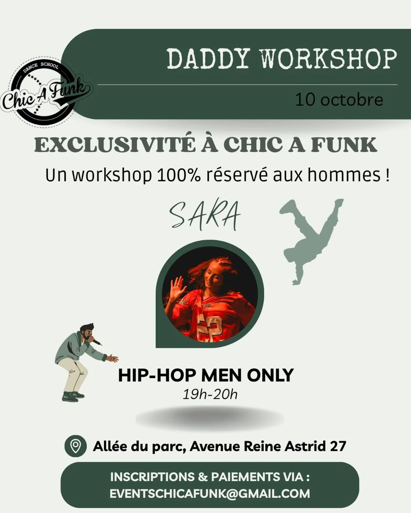⚡️BREAKING NEWS : Men Only Workshop ⚡️
Un cours d&rsquo;une heure 100% r&eacute;serv&eacute; aux hommes 🙋&zwj;♂️

🕺 Hip Hop Vibes &ndash; venez bouger, apprendre et vous challenger dans une ambiance unique !

📅 Jeudi 10 octobre
⏰ 19h &ndash; 20h
?
