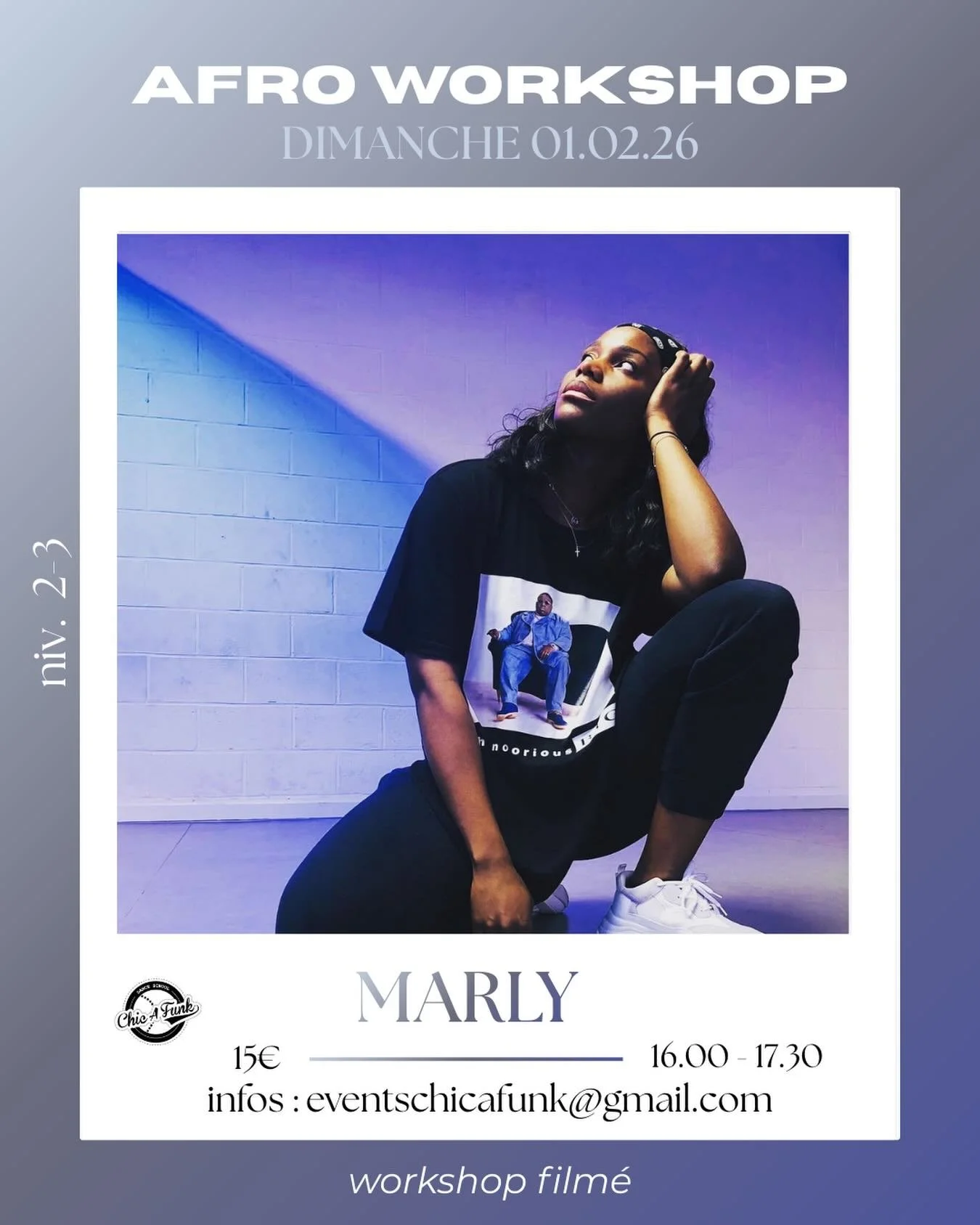 Workshop alert - 01.02.26 ⚡️ 
Infos : eventschicafunk@gmail.com 
🪐 STYLE AFRO niv. 2-3 
📌15&euro; 
🖇️16.00-17.30