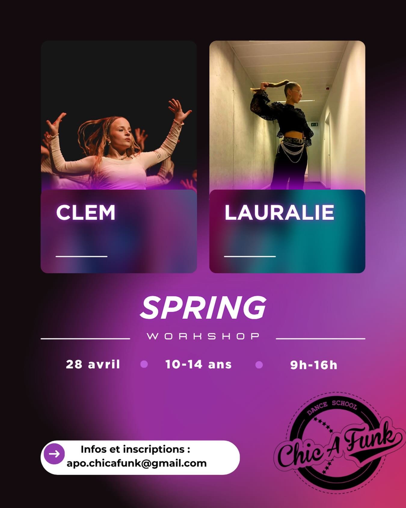 Rejoignez nous pour un workshop exceptionnel donn&eacute; par nos  professeures @klem_knp &amp; @laura_liec 🌟 

Rdv le 28 avril de 9h &agrave; 16h pour d&eacute;couvrir ce qu&rsquo;elles nous ont concoct&eacute; 💛
Infos : apo.chicafunk@gmail.com

?