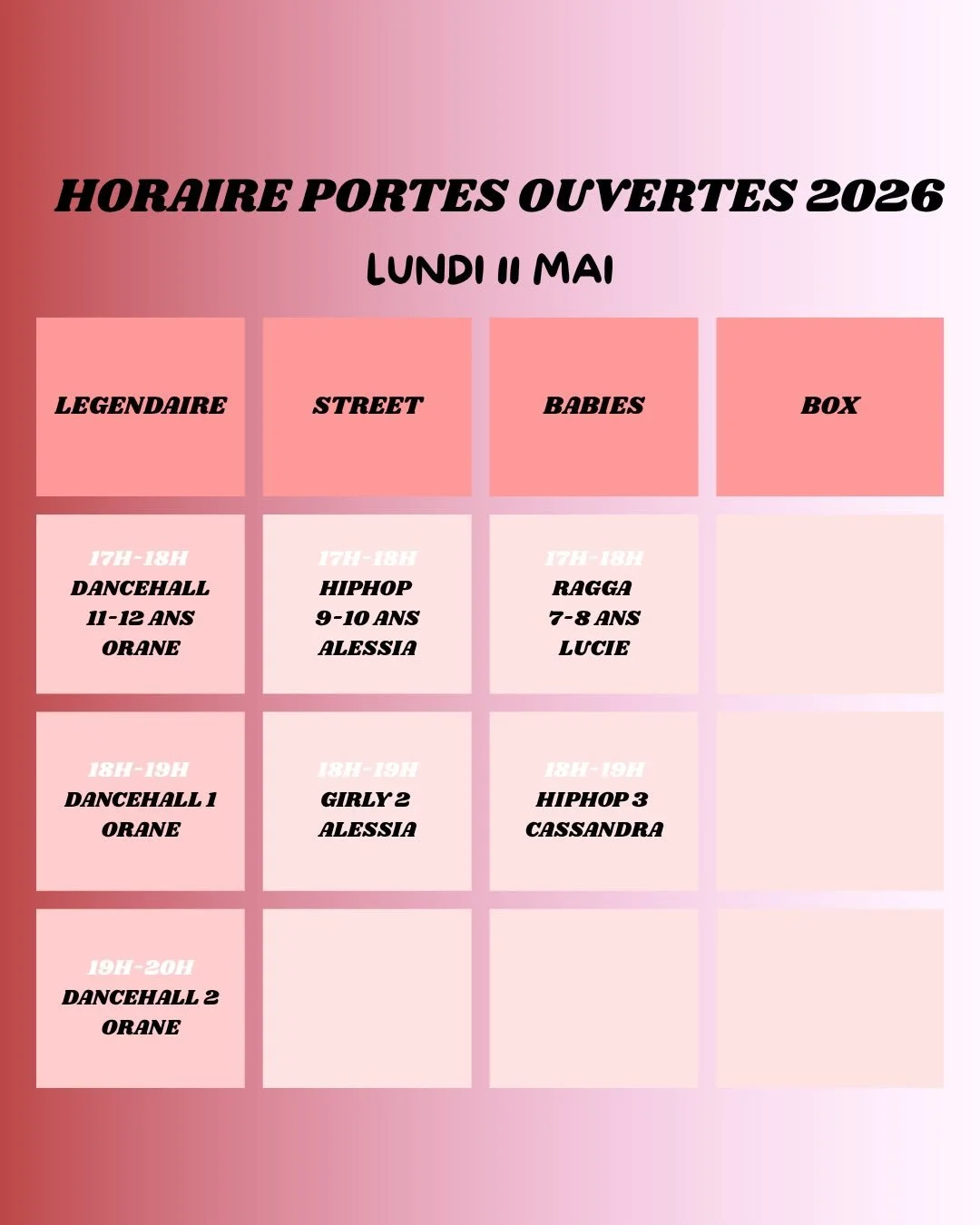 HORAIRE DES PORTES OUVERTES ⭐️
Pas d&rsquo;inscription recquise, tout le monde peut venir tester les cours qu&rsquo;il/elle souhaite ! 
⚠️ il ne s&rsquo;agit pas de l&rsquo;horaire des cours d&eacute;finitif pour l&rsquo;ann&eacute;e 2026-2027, celui