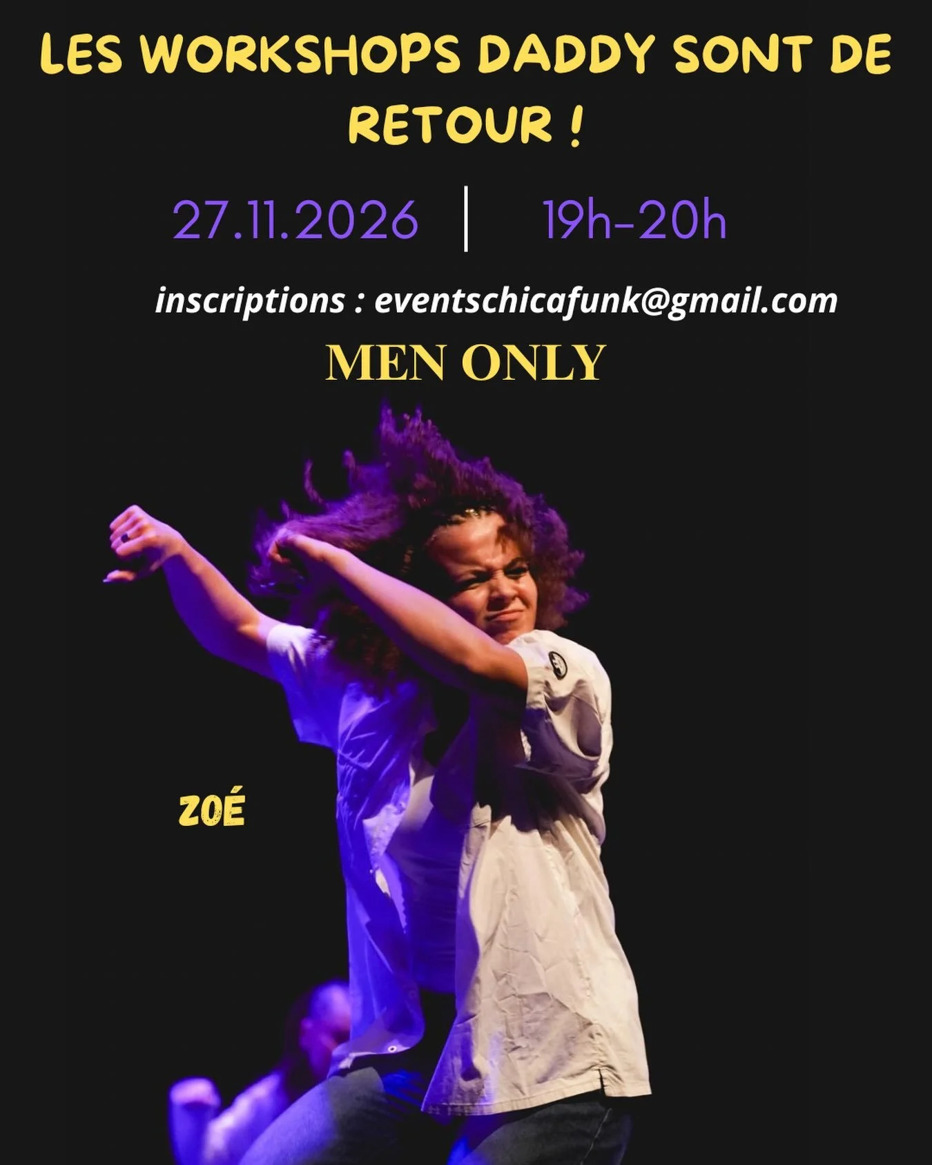 RDV le 27.11 pour un workshop Daddy 💜 avec @zoe_nfa 
Inscriptions : eventschicafunk@gmail.com