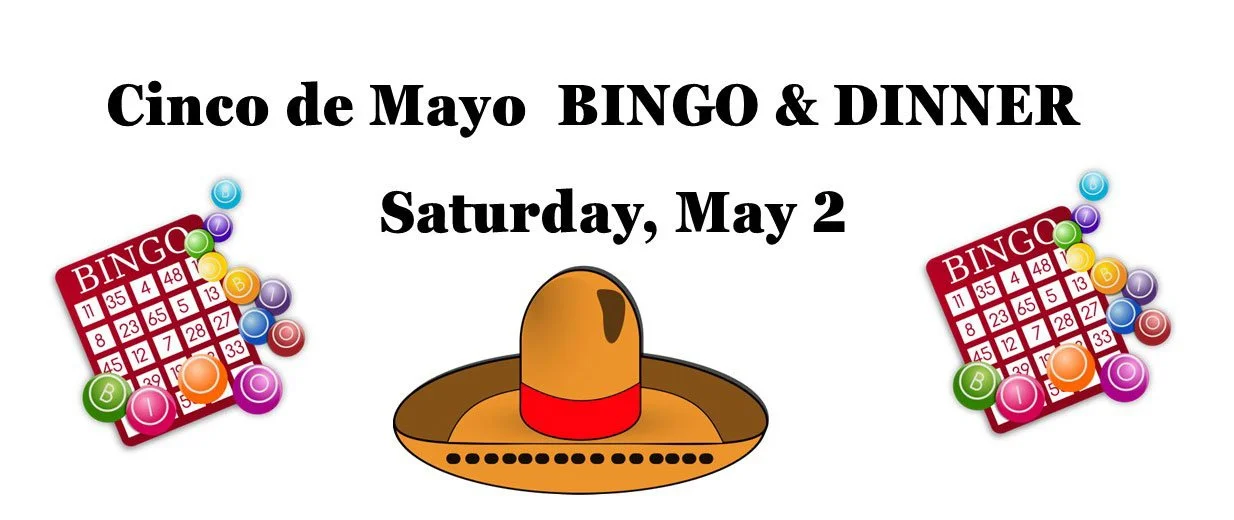 Cinco de Mayo Bingo and Dinner, two bingo boards, and a sombrero Saturday May 2