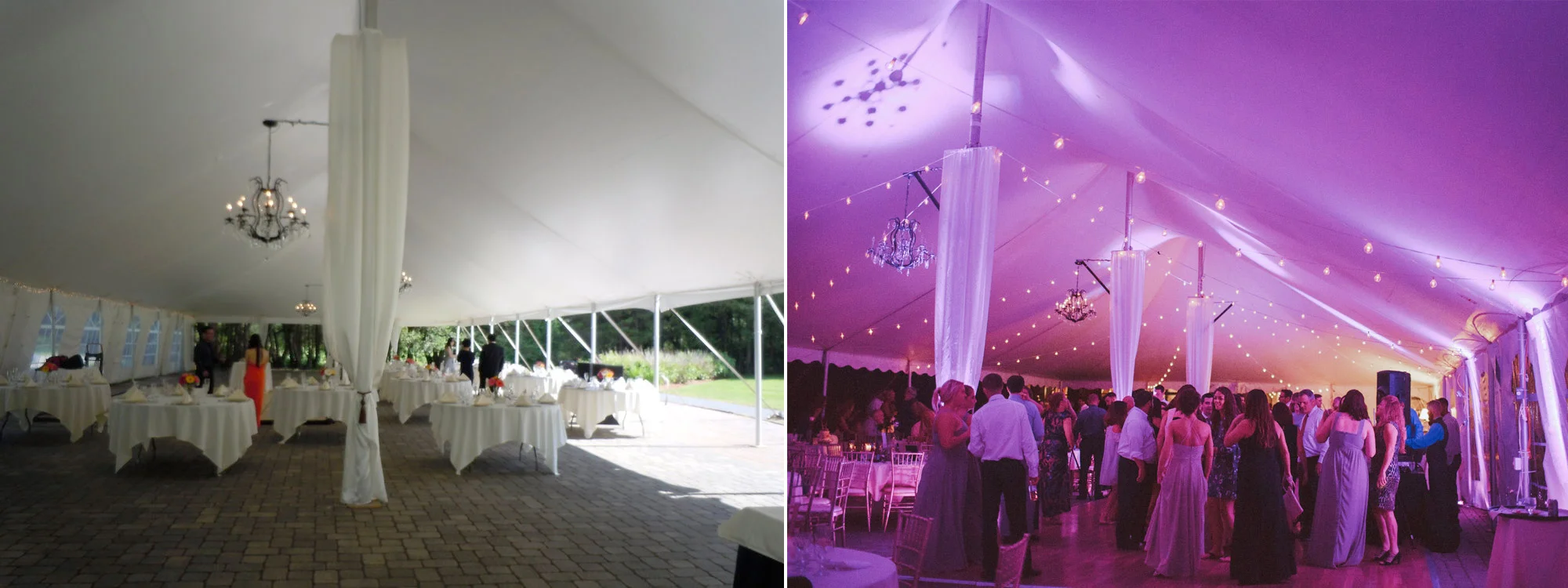 Before and after pink wireless uplighting was implemented at the Tent at The stevens estate at osgood hill