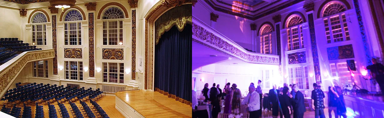 Before and after pink wireless uplighting was implemented at the tuckerman hall in worcester, ma