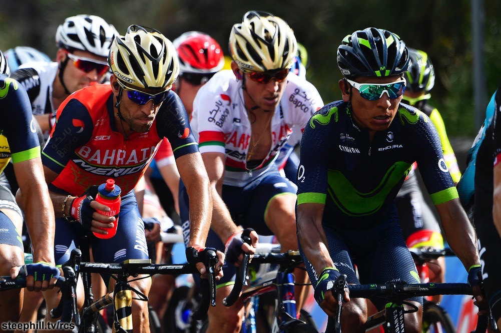 Climbing favorites Vincenzo Nibali (Bahrain-Merida) and Nairo Quintana (Movistar). Photo: steephill.tv/rcs