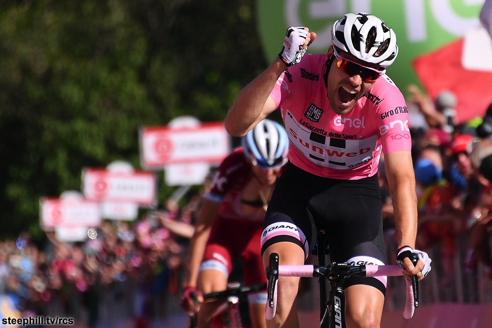 Dumoulin wins Stage 14 in the Maglia Rosa. Photo: steephill.tv/rcs