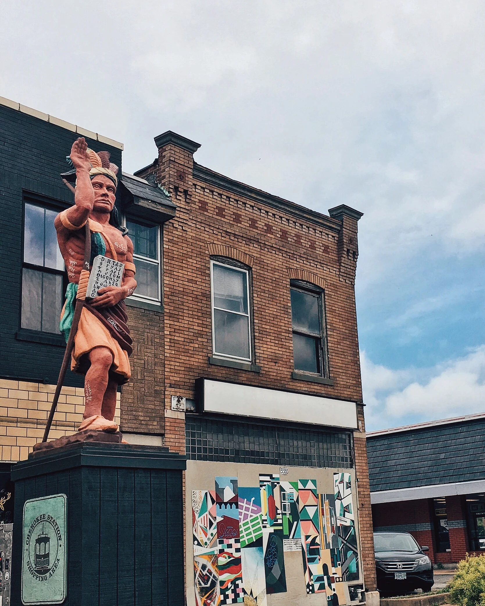To the Midwest's credit, they haven't totally obliterated all trace of the native peoples like the East Coast has managed. Here's a statue of a Cherokee tribesman on Cherokee Street, near where we ate the next morning. 