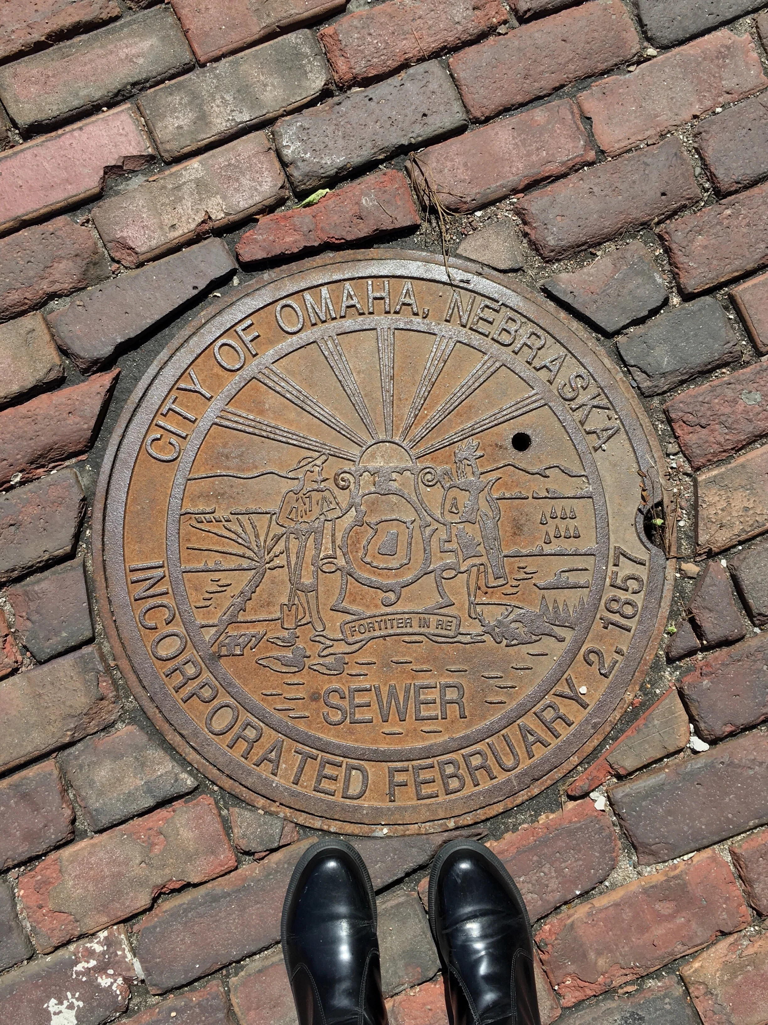 Lia took a photo of the sewer cover for me. One of my weird sources of pleasure is cities with cool manhole covers. Omaha's was pretty fun; Charleston, SC's is two cannons and a palm tree; and Lia knows one of the reasons I love her is because …