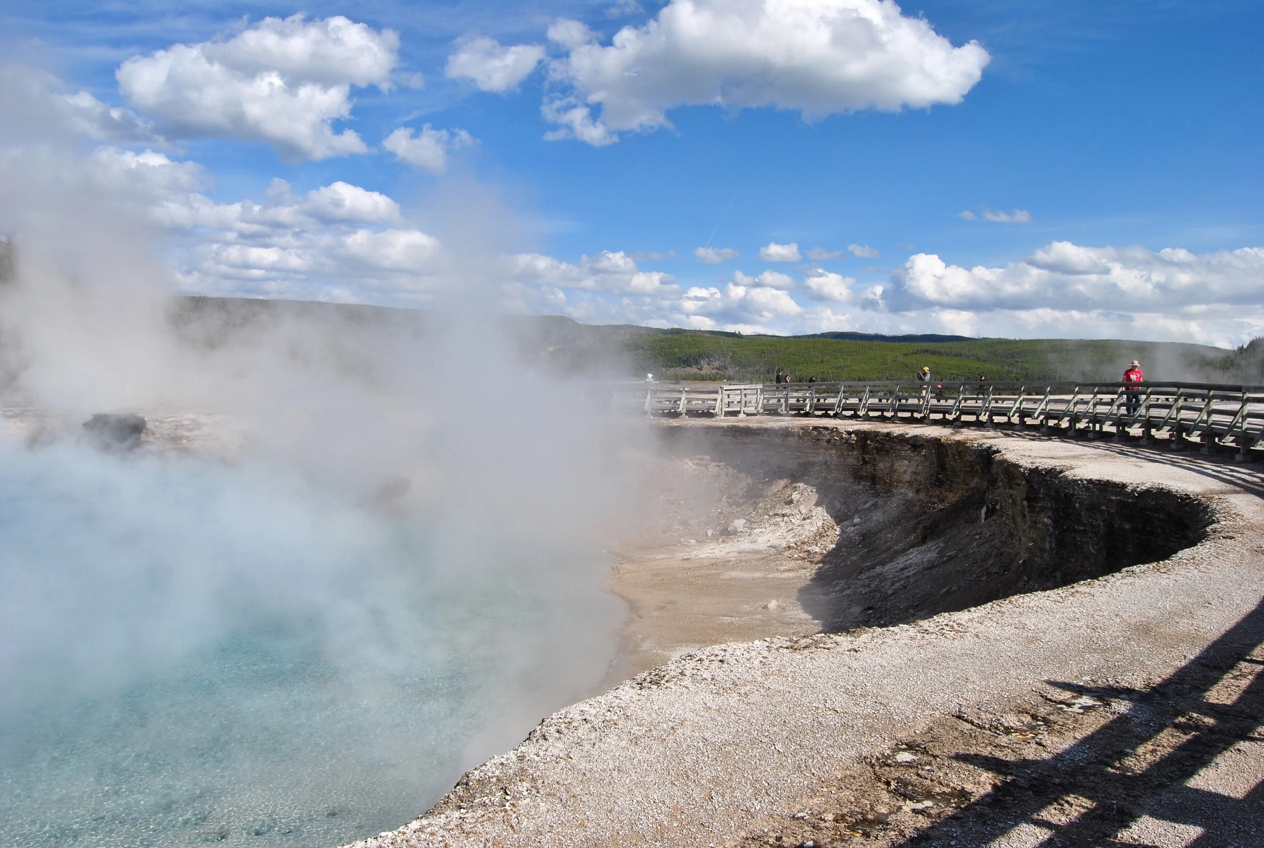 There's something weirdly foreign about seeing the planet's crust, brittle and raw, carved open by naturally boiling water. This was Excelsior Geyser Basin, at the same location as the Grand Prismatic Spring: Midway Geyser Basin