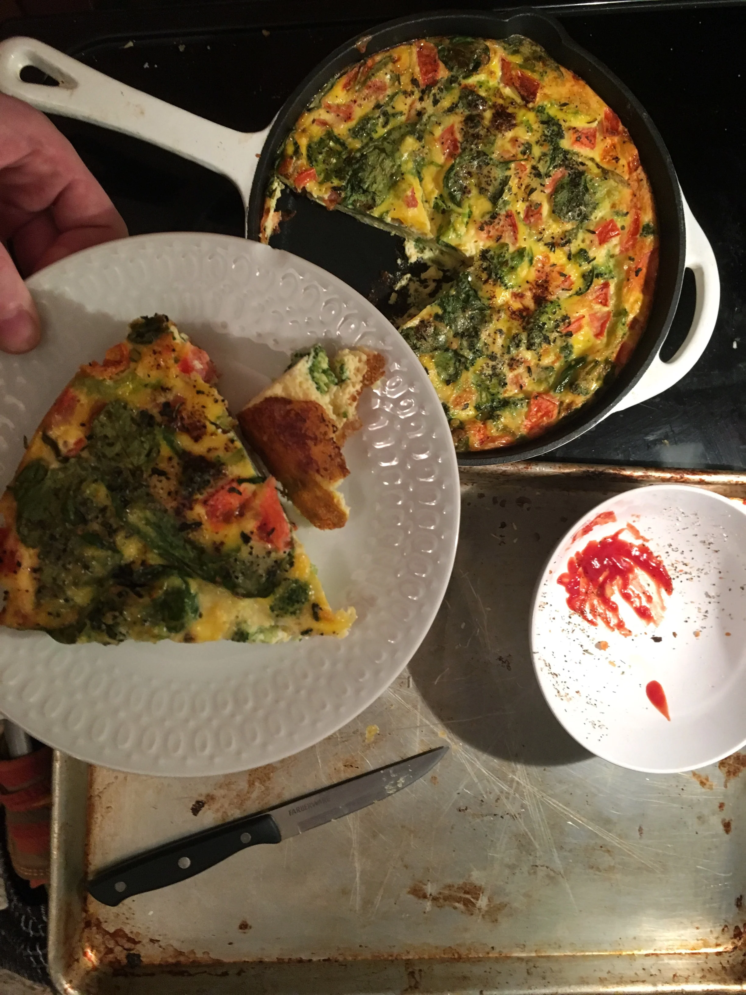 I made fries to go with it, but the fries were ready about an hour before the frittata in the end. So they were all gone by the time I plated my eggy goodness. 