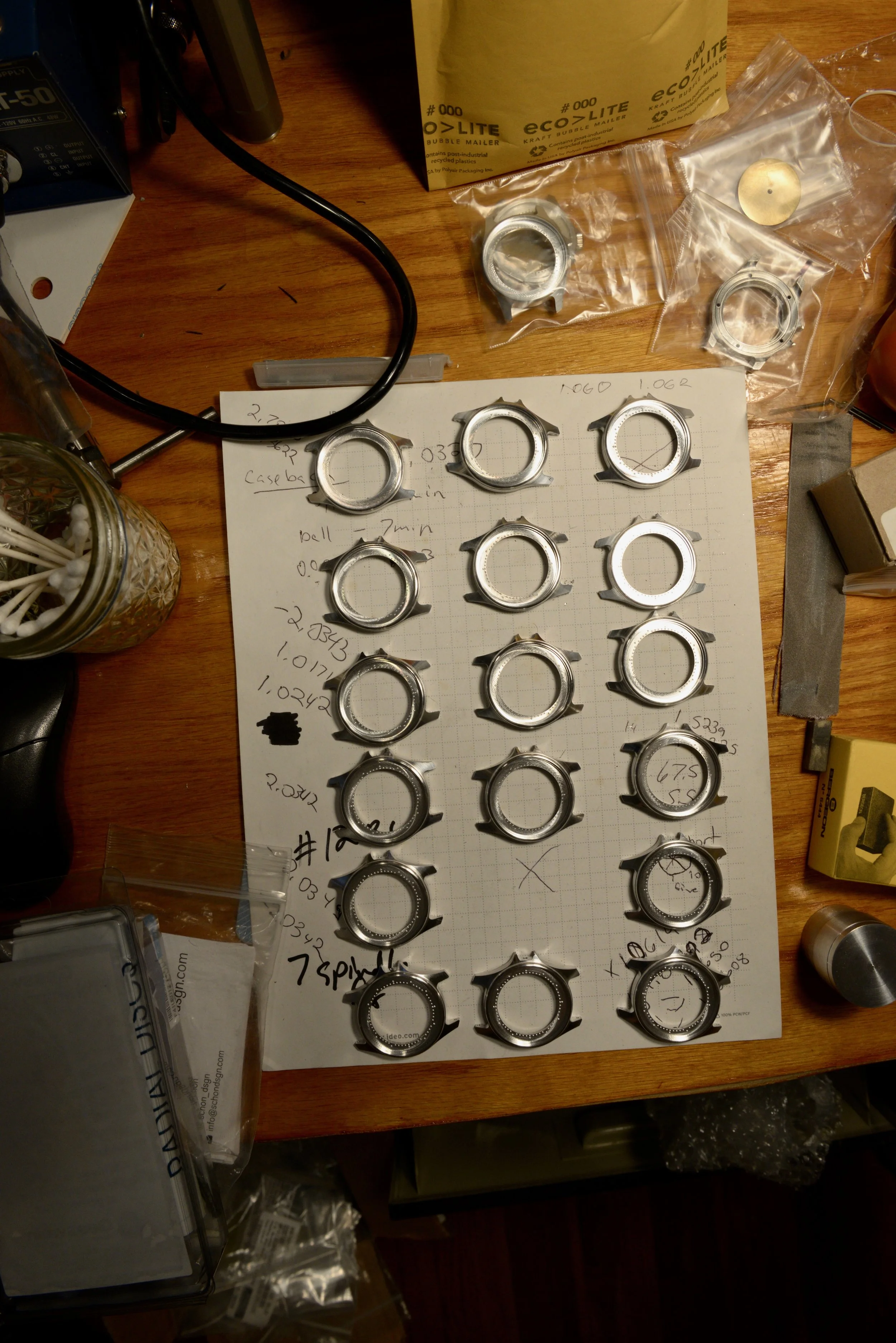 Schon has only finished one watch so far, and it sits on his wrist. At the time of writing, the rest were still being made. He's made dozens more cases than this, but these are the only ones that match his strict standards of perfection. Any others are tossed out, no matter how many days he's spent making them. 