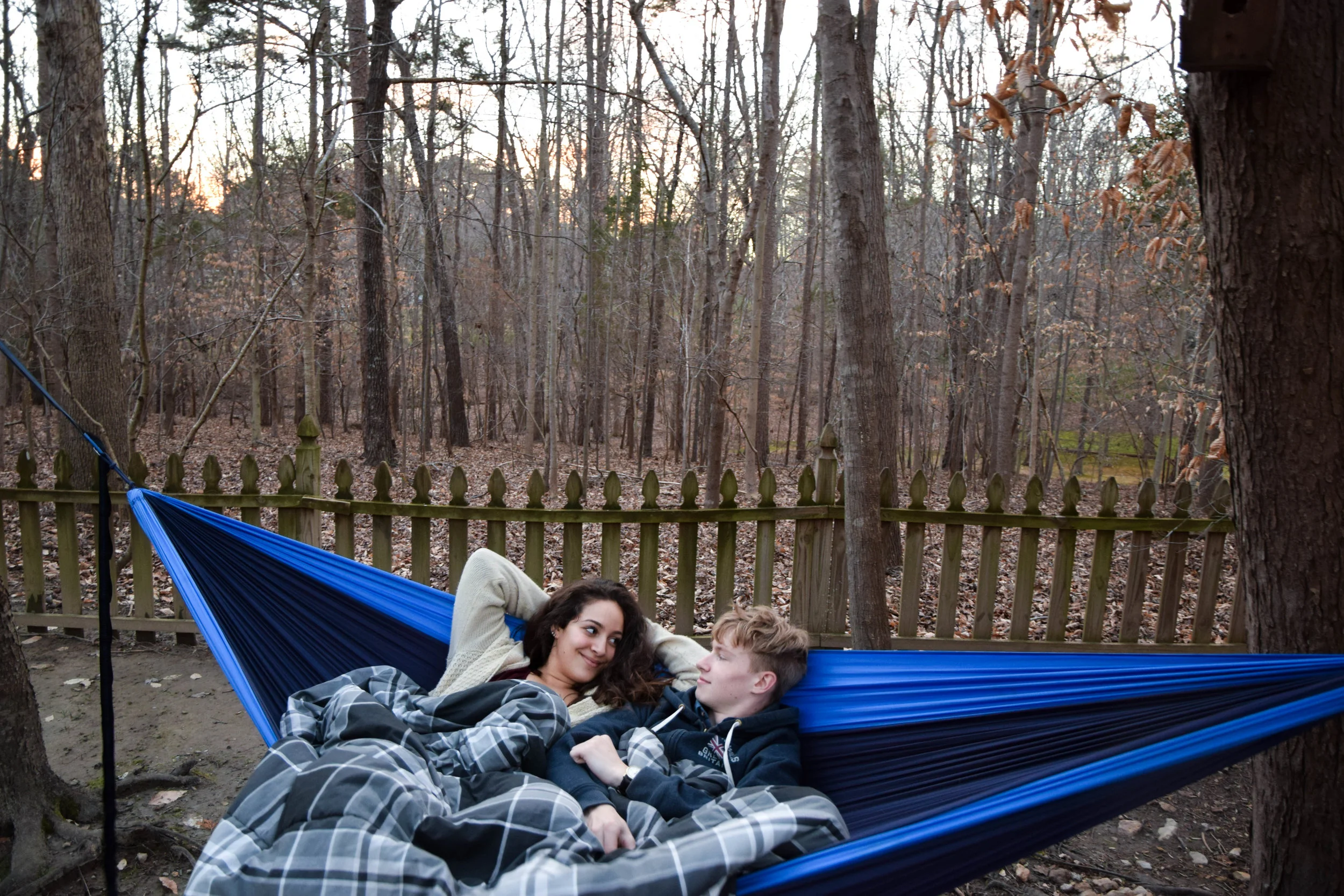 Driving them around, Beau and I quickly became Mum and Dad. "The kids" had strung a hammock between two trees at the bottom of the garden. Easier to enjoy the great outdoors when it isn't trying to freeze your face constantly.
