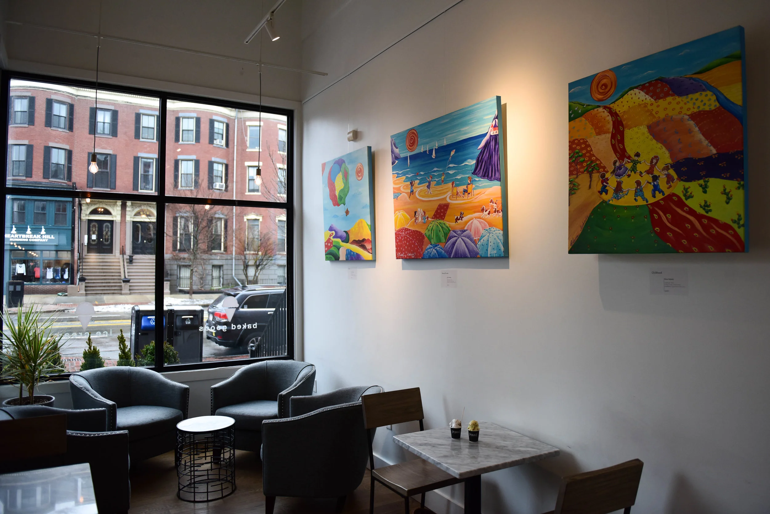 The artwork in each FoMu is different, by an artist local to that neighborhood. The South End store, Jalal says, “used to be a gallery. We wanted to pay tribute to that and that art is a very important part of the South End as a community.”