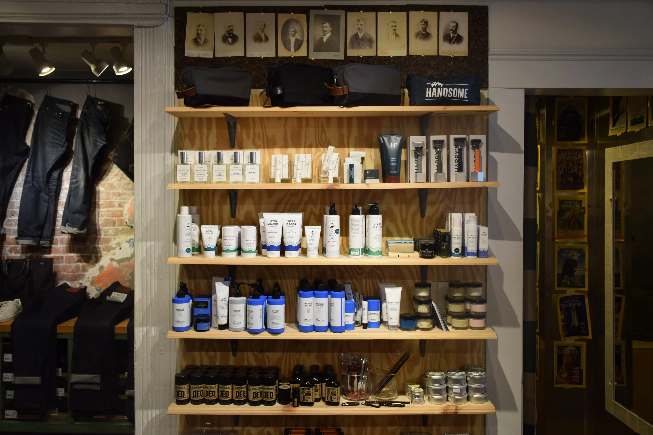The apothecary shelves are lined with American made lotions, tonics, and waxes, from some of the country’s premier grooming brands, like URSA Major, Harry’s, and Baxter of California.