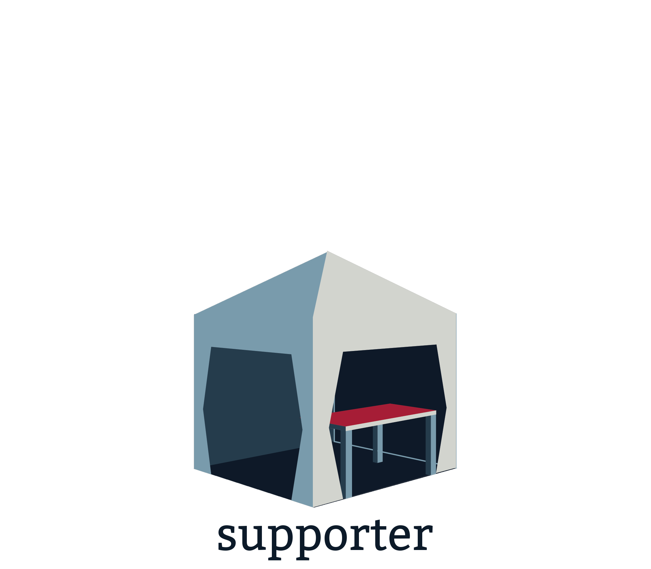 pop up tent with table and text reading supporter