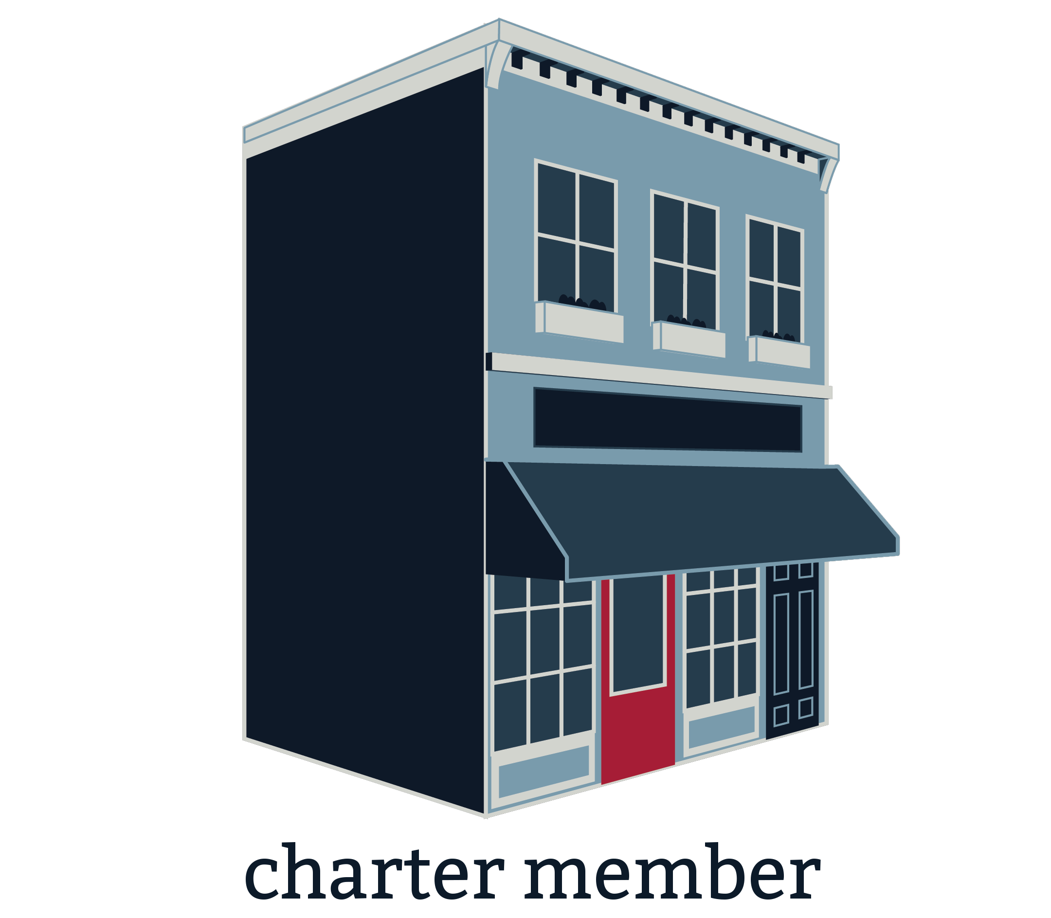 Two story building with text charter member