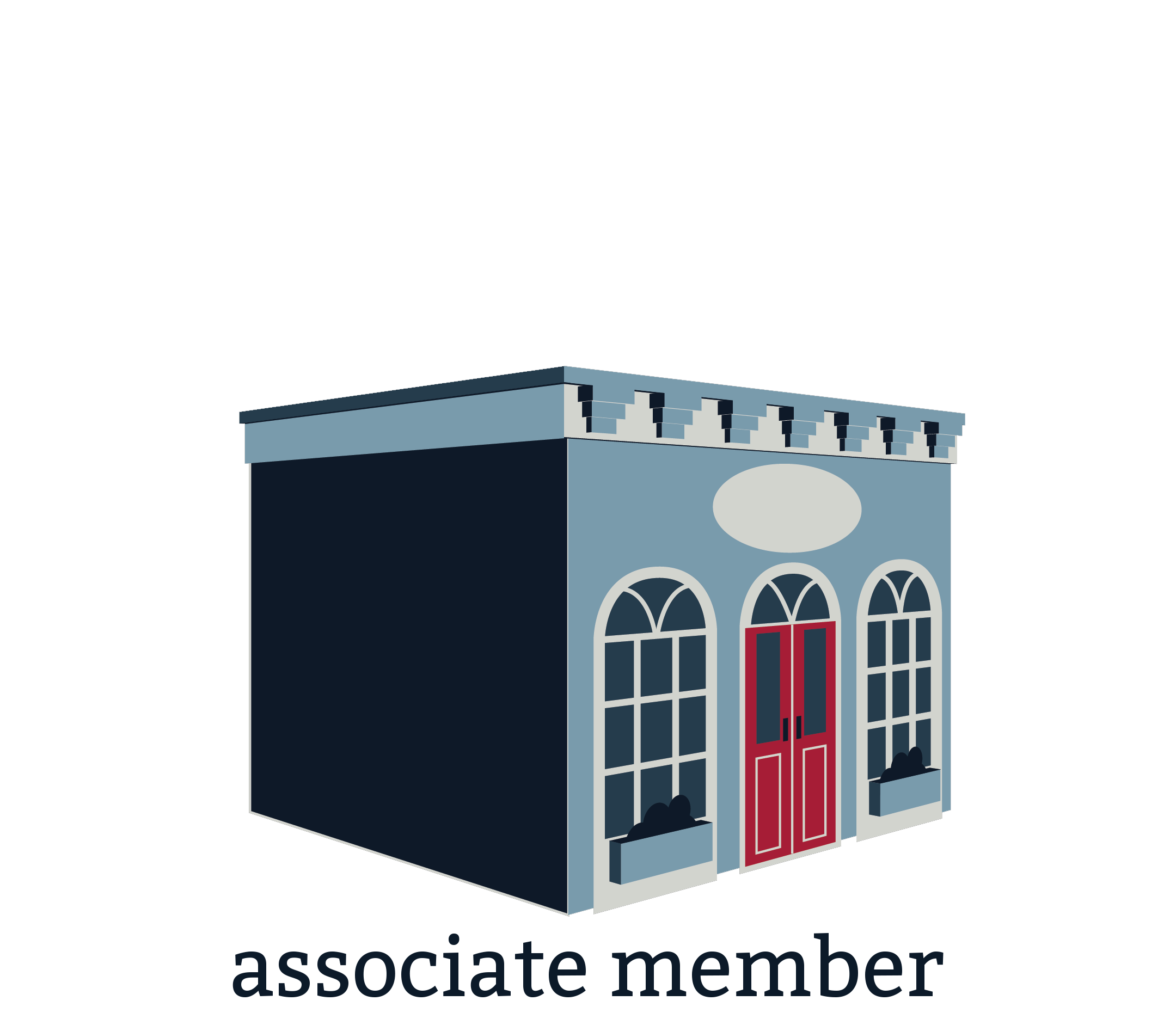 Small building with text associate member