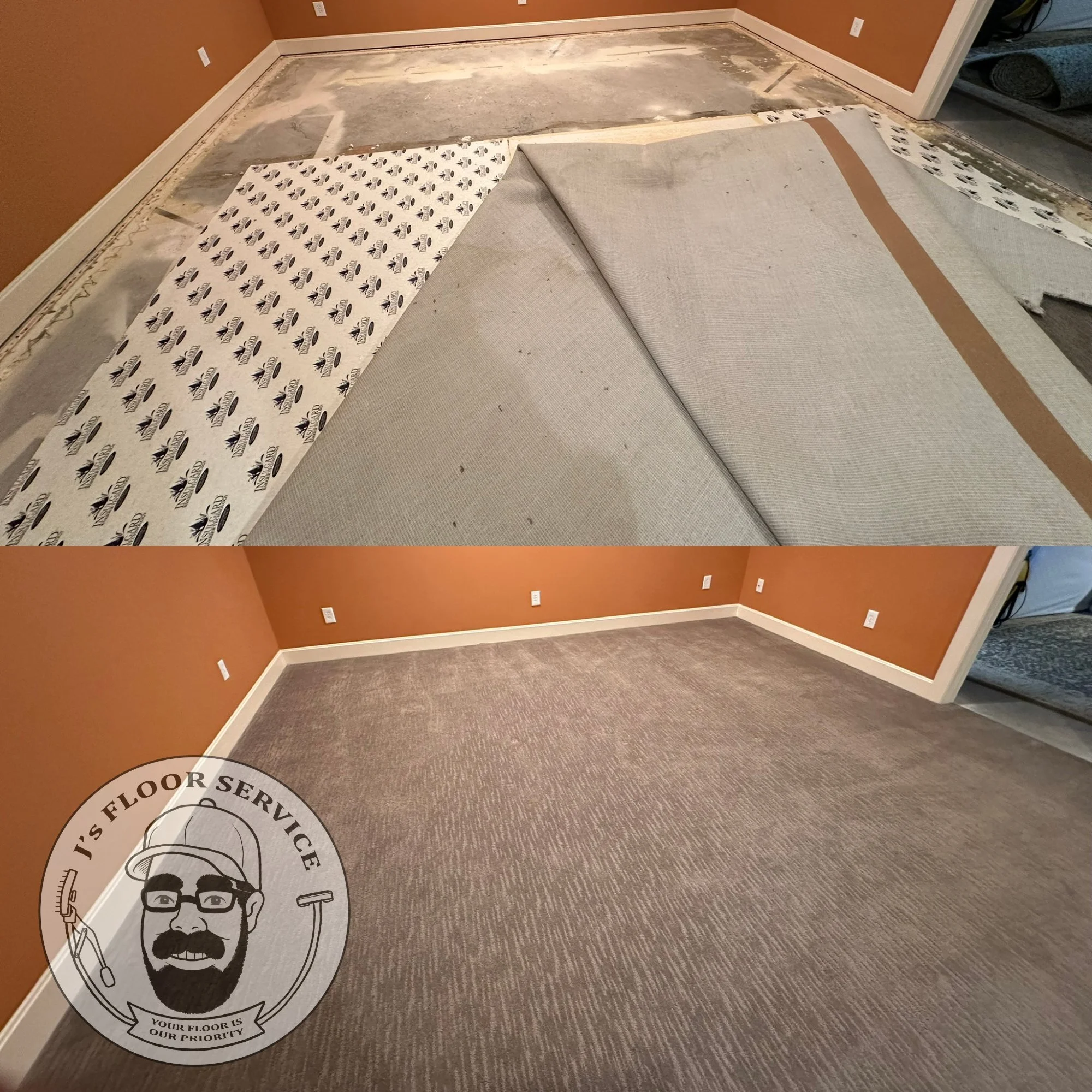 Before and after images of a room renovation. The top image shows a room with unfinished floor, partially covered with protective paper and underlayment. The bottom image shows the same room with newly installed, gray, textured carpet, and the walls painted in a tan color with white baseboards.