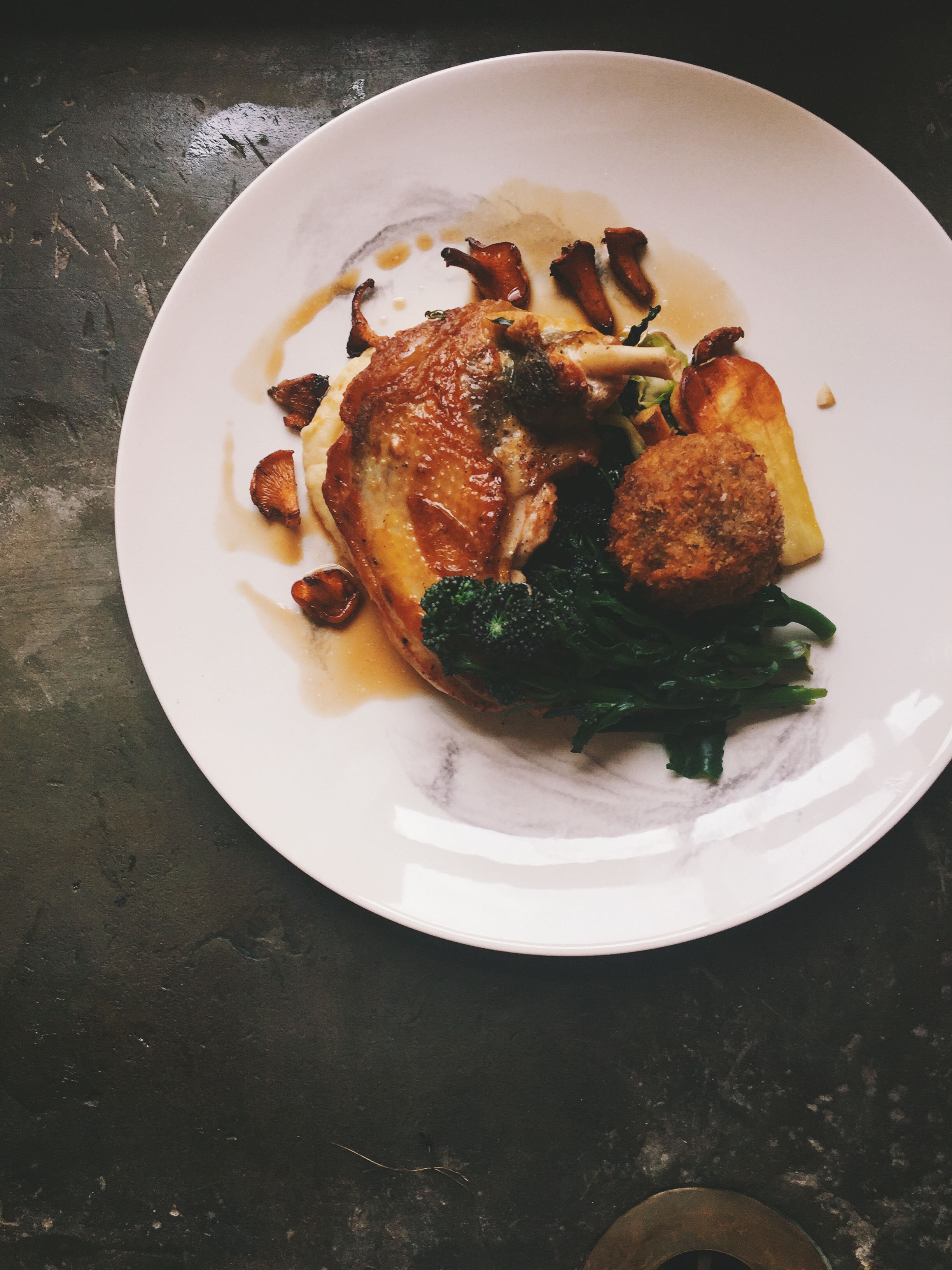 HillFoodCo_Pan fried Guinea fowl, braised leg croquette, truffled parsnip purée, purple sprouting broccoli, girolles,  Guinea fowl reduction.jpg