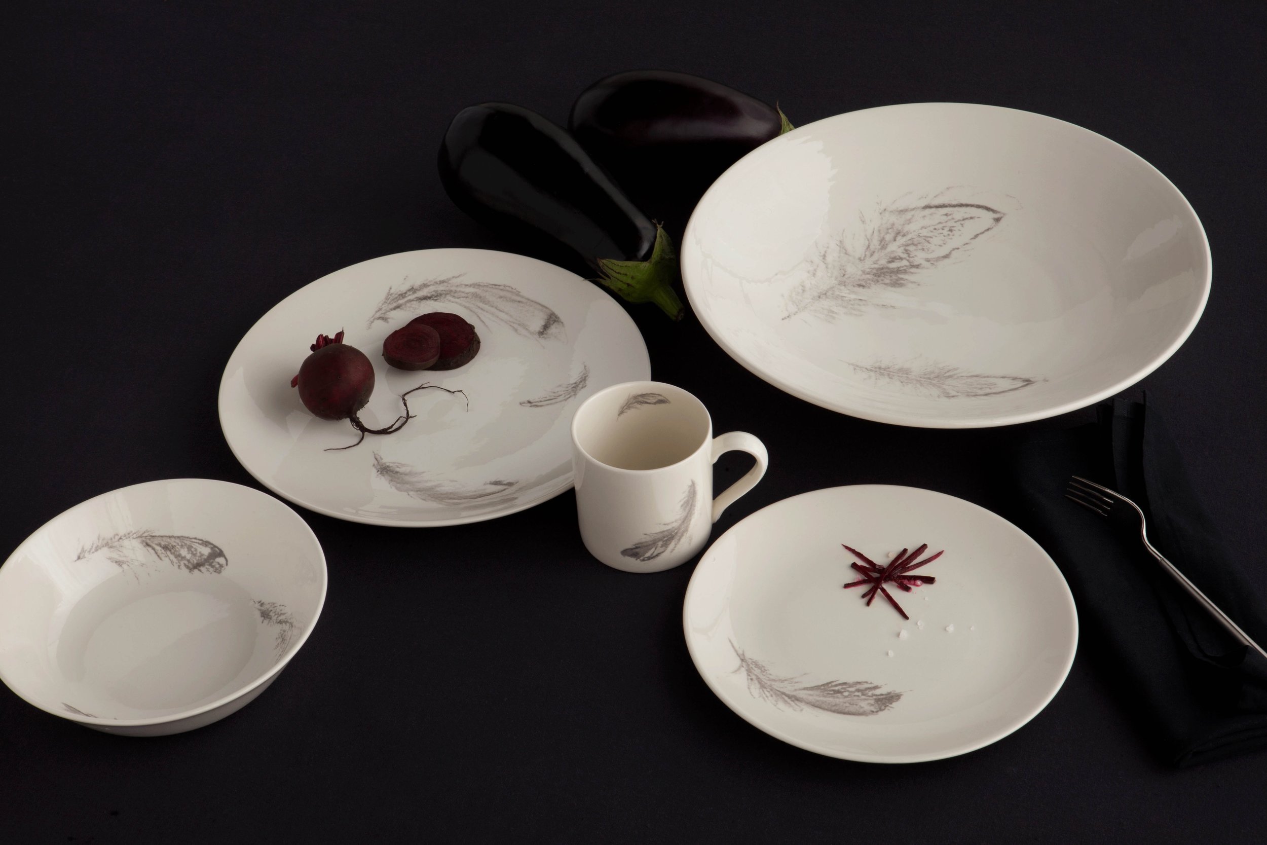 Abby Joy Designs PLUMES for 1882 Ltd., fine creamware earthenware tableware collection of bowls, plates & mug with feather motif, made in the Stoke on Trent Potteries, inspired by Somerset.