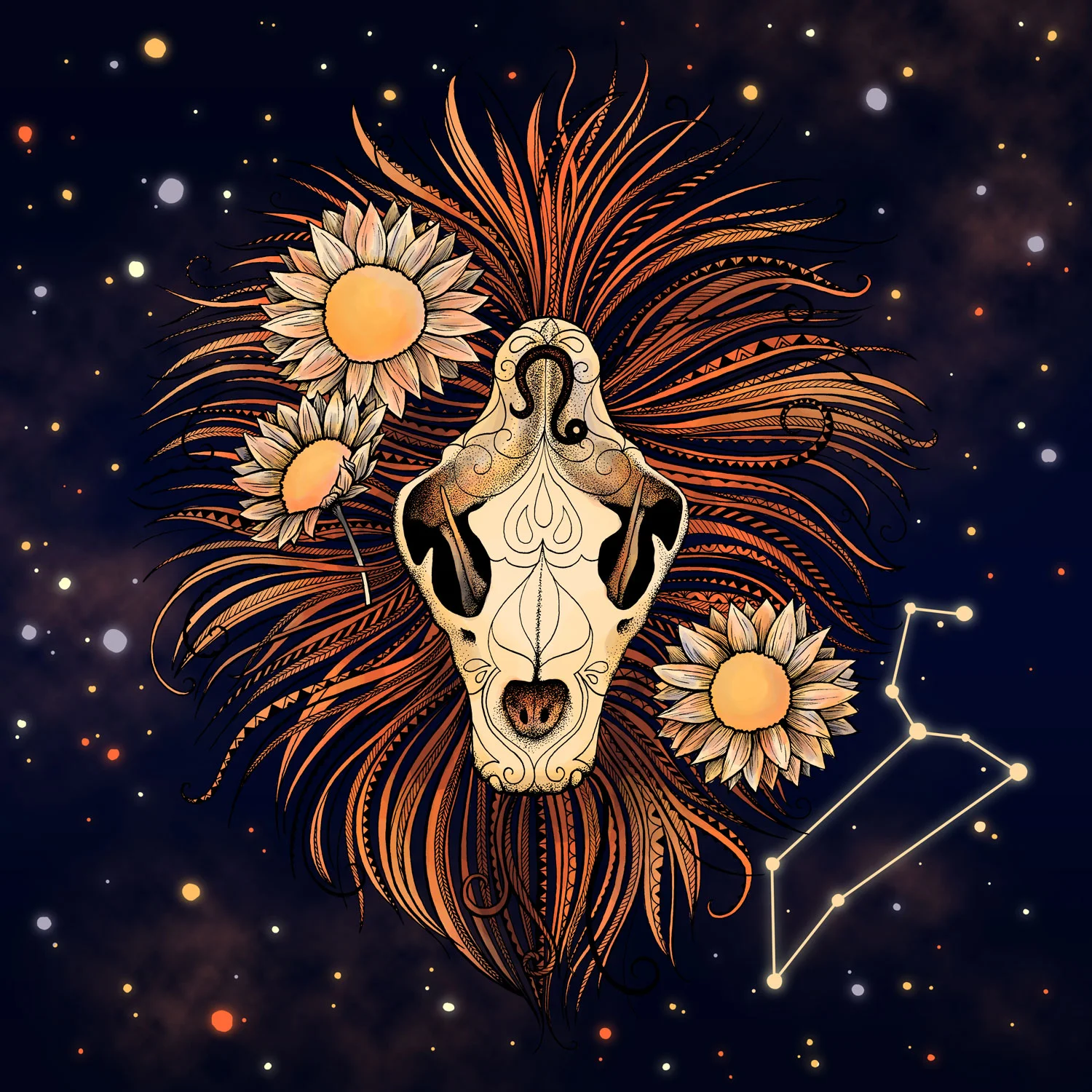 Leo Lion Skull and Sunflowers