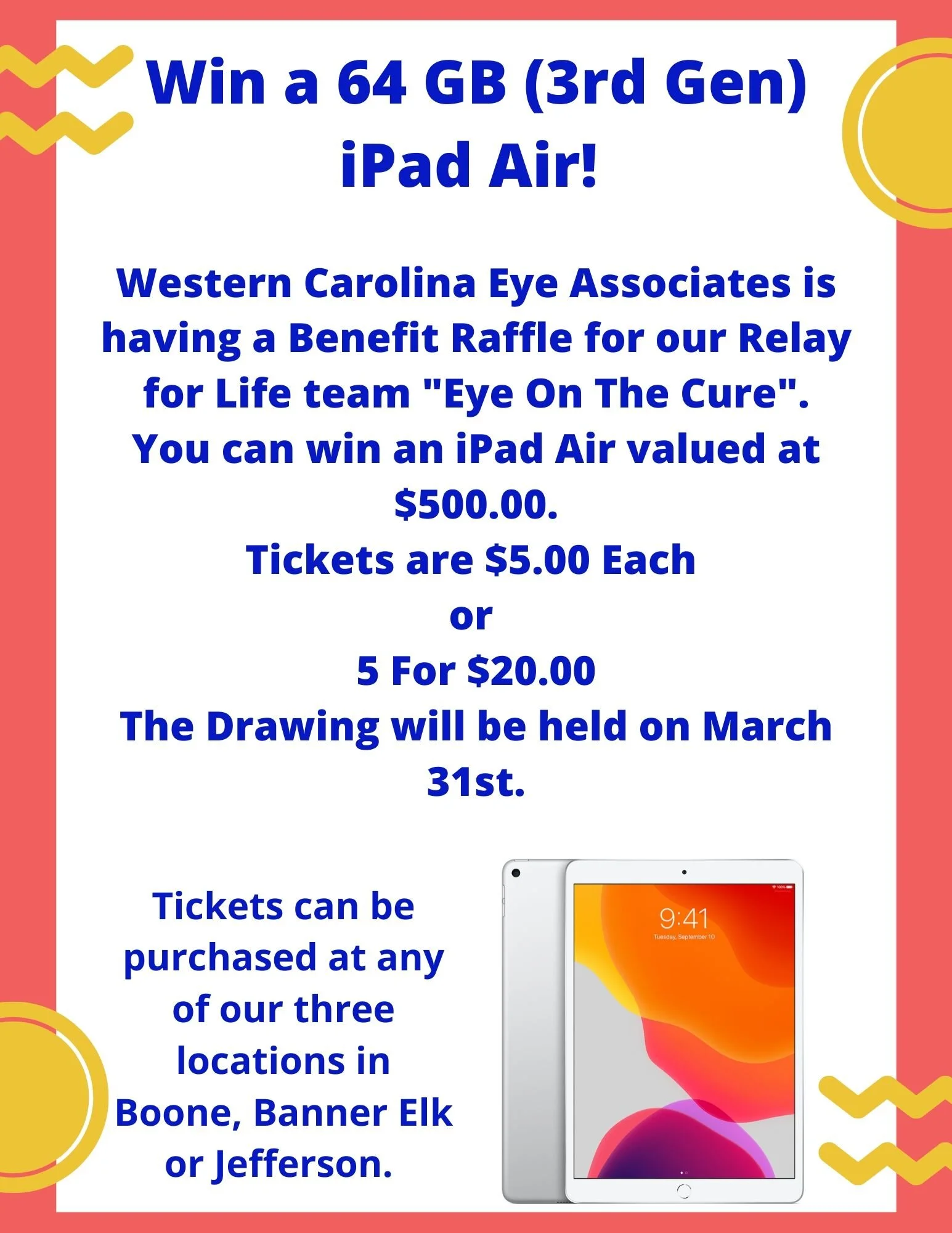 Enter Our Raffle for a new iPad Air to Benefit WCEA's Relay for Life Team!