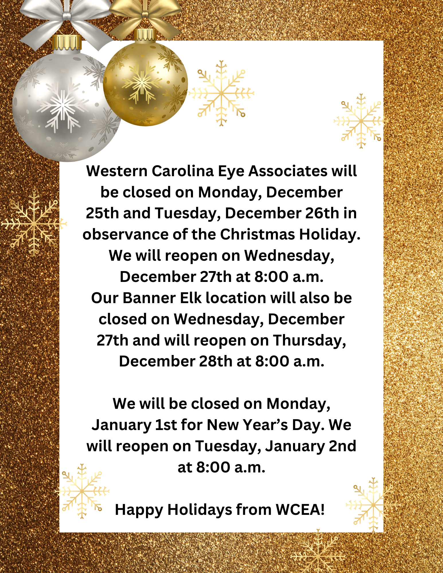 Holiday Hours at WCEA 