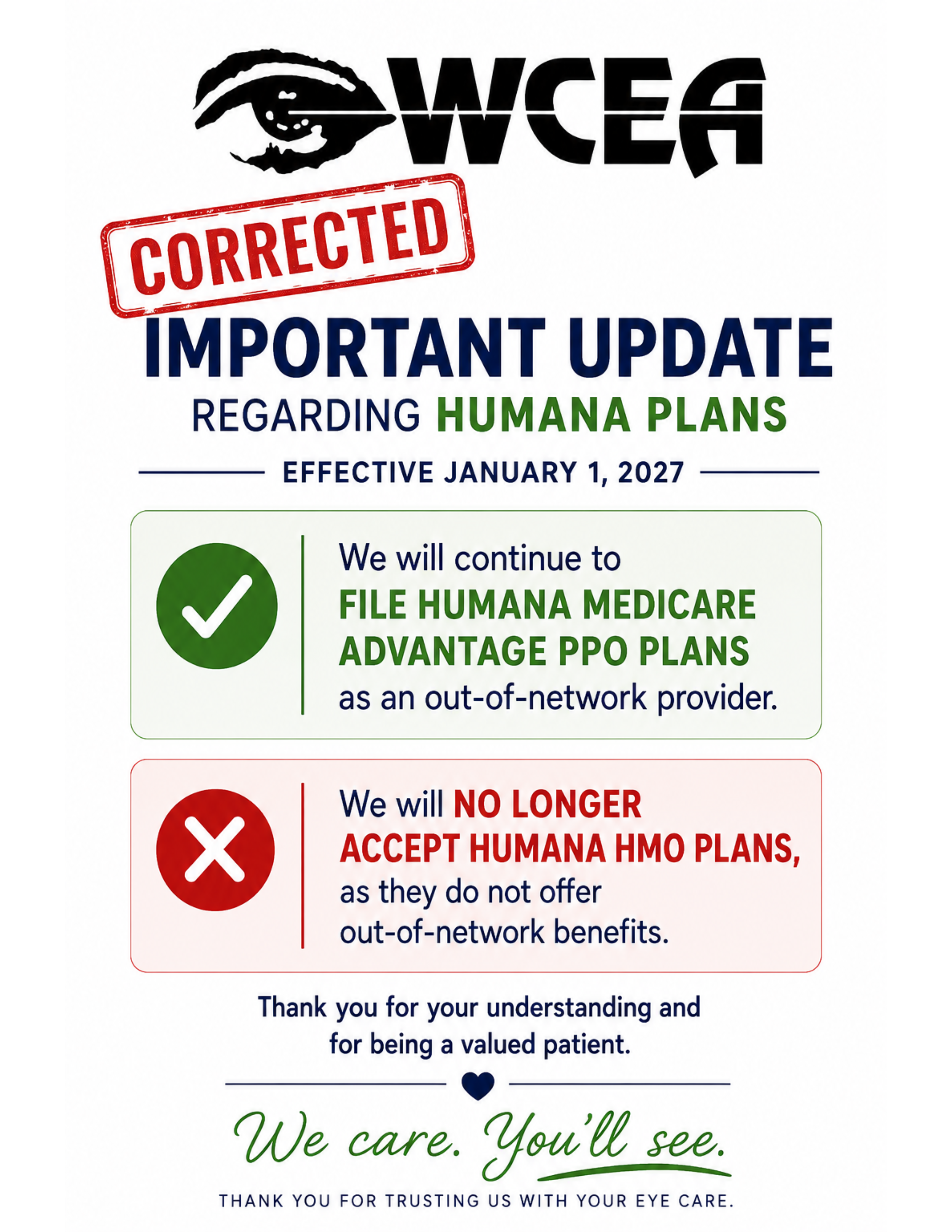 Updated Notice Regarding Humana Insurance 