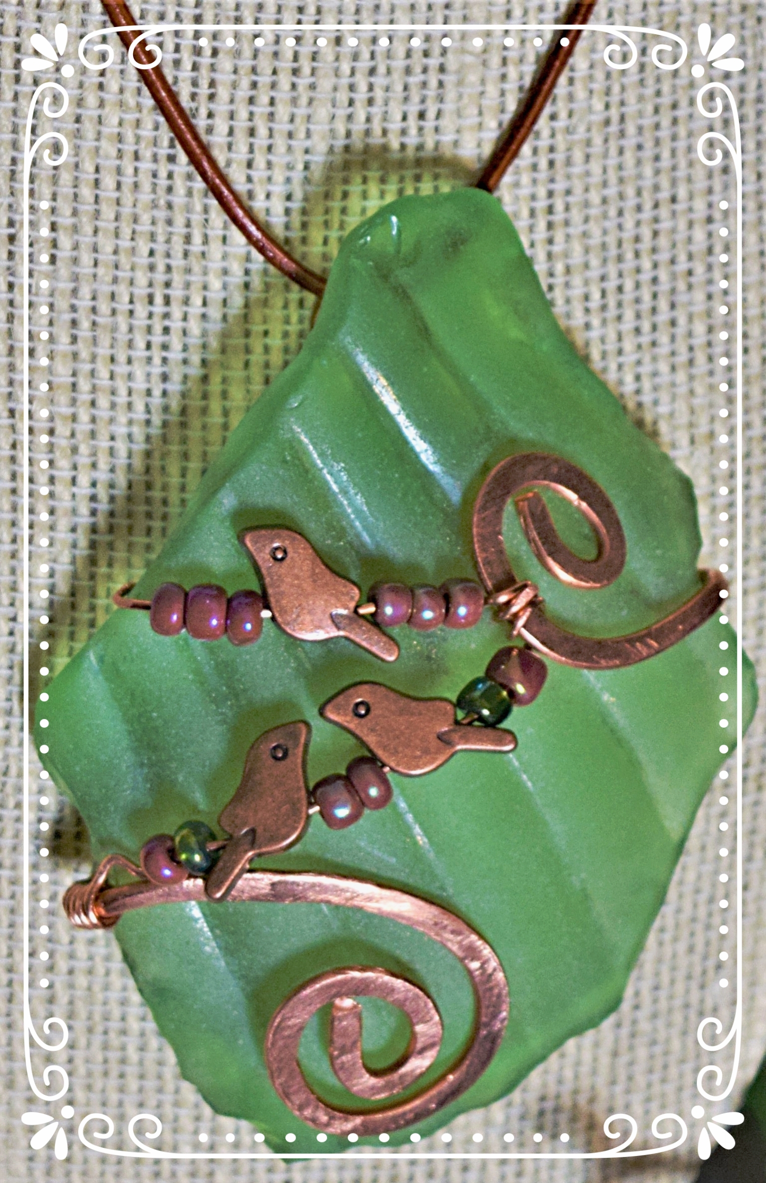 Birds on a Wire Green Glass Pendant 