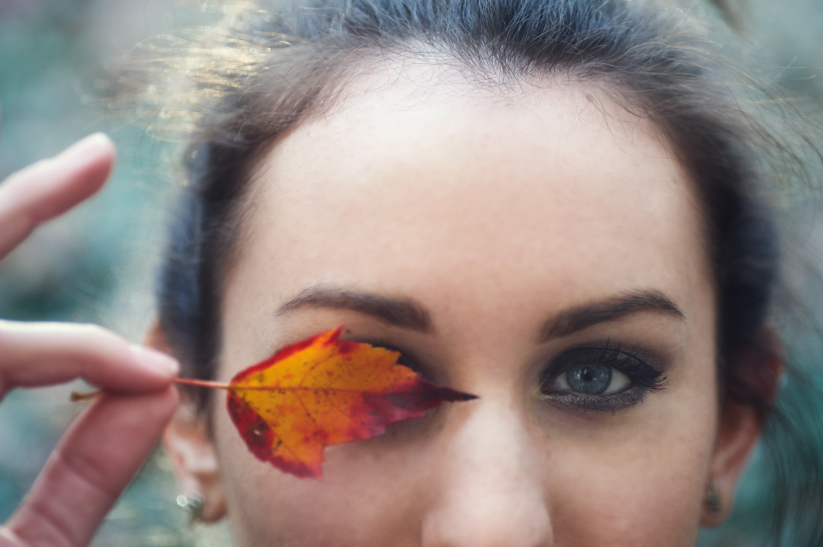 Blue Eyed Girl and Red Leaf Portrait