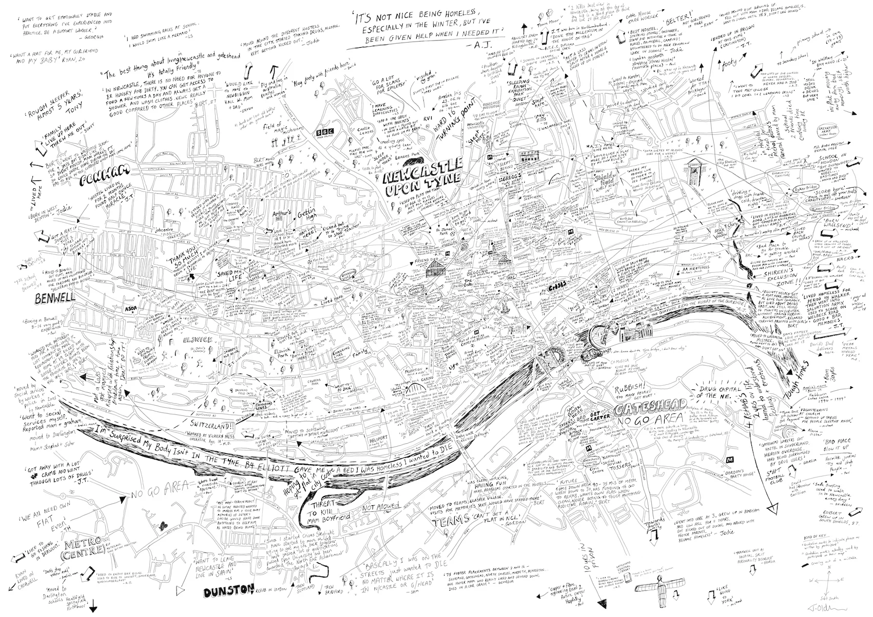 A collaboration with 30 homeless people living in Newcastle upon Tyne, led by Adele Irving and Oliver Moss from the Department of Social Sciences and Languages at Northumbria University. The piece maps the participants' life stories, showing how they became homeless and their experience of living on the streets of the city and getting help from various organisations. Read more about the project here.
