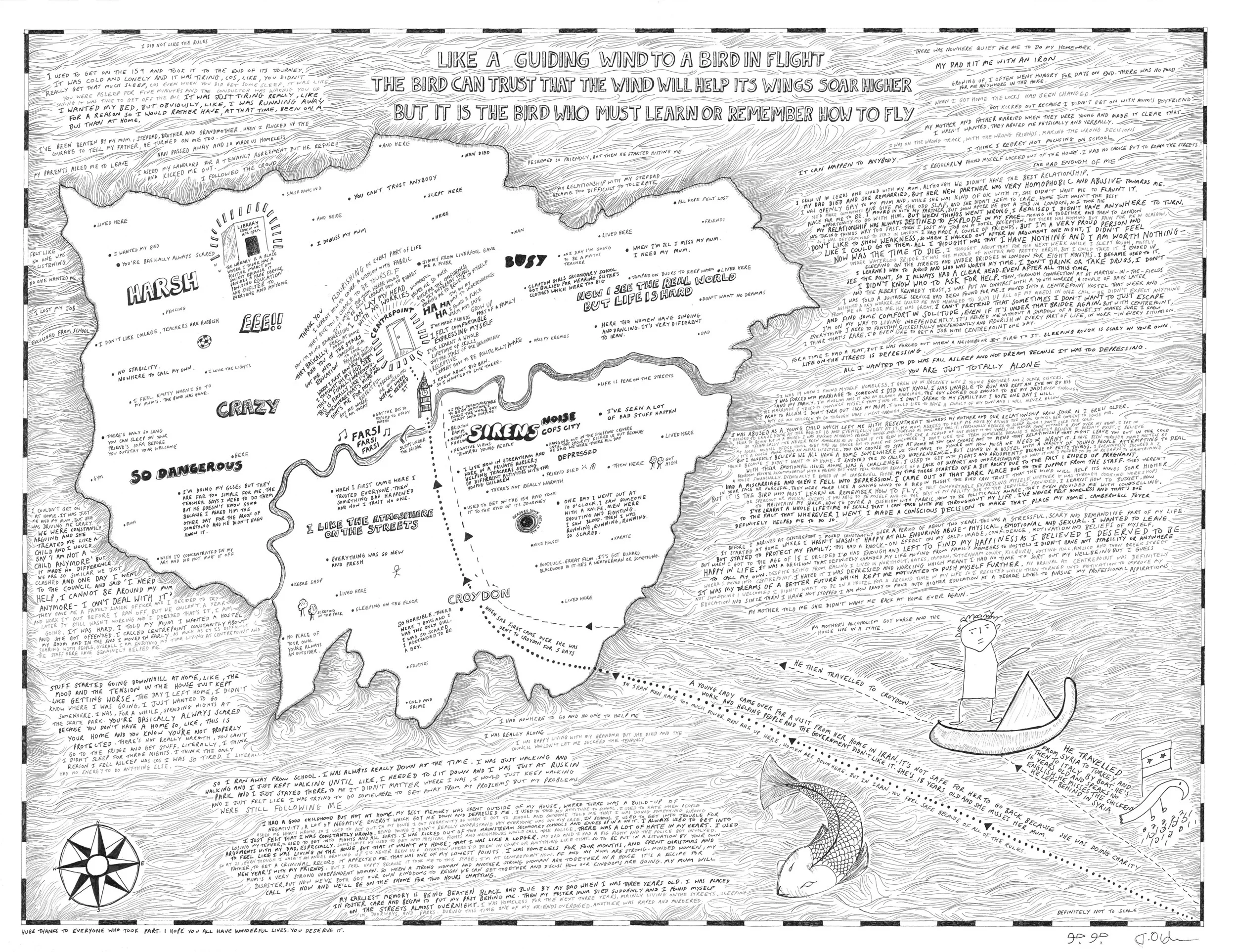 A collaboration with young people from Centrepoint, this tells the stories of how they came to be homeless, and their feelings towards the city.
