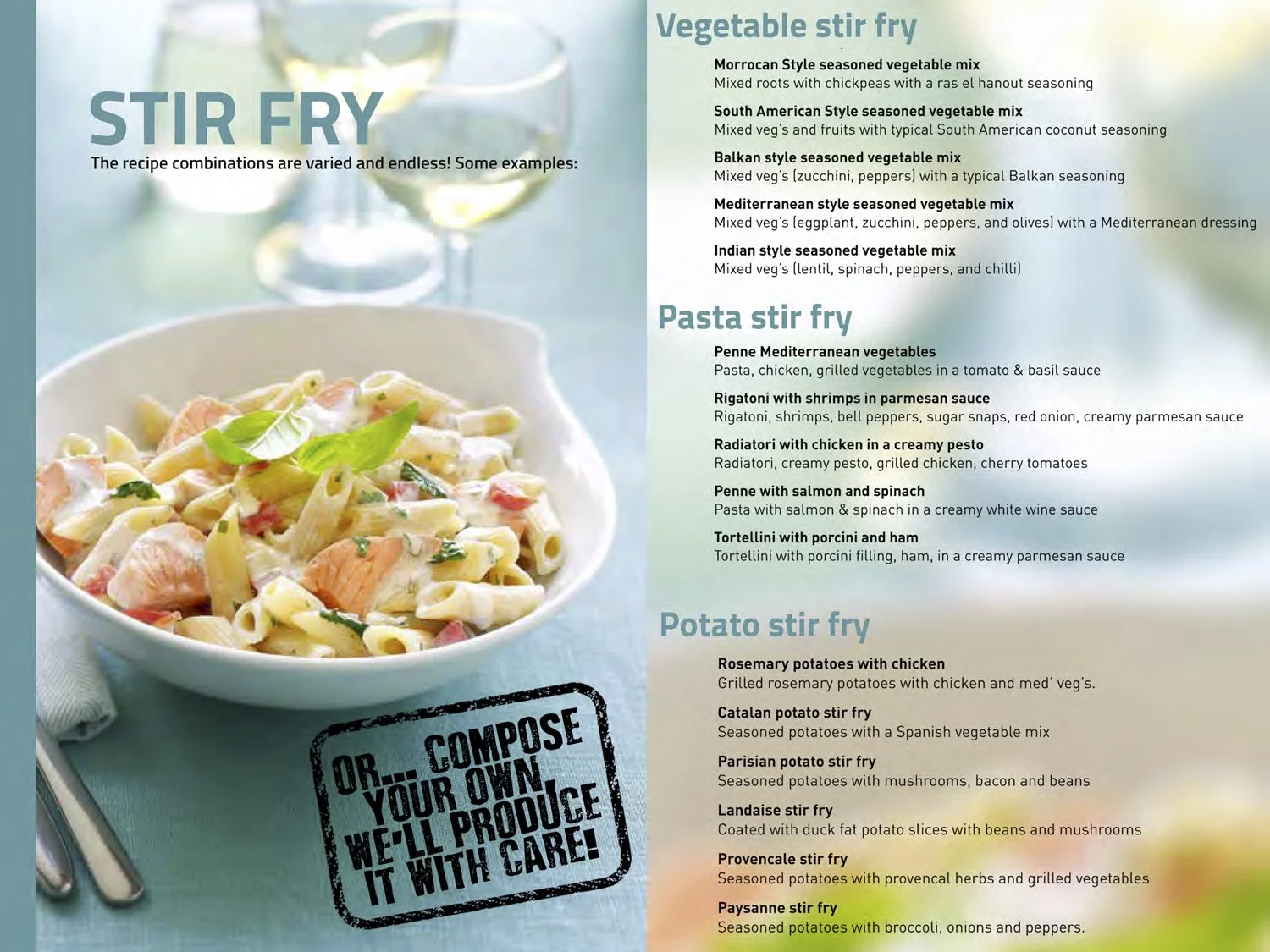 Frozen vegetable pasta and potato stir fries