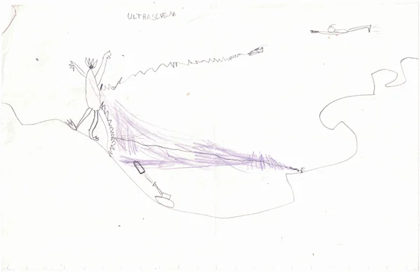  And I mean it when I say I'm a long time fan, here's one of my oldest drawings, probably from late 70s or early 80s. A flying " Ultrasevem " and his gang fighting a huge dancing disco monster with shells bigger than tanks! 